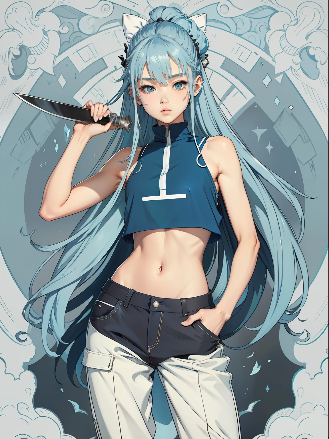 （tmasterpiece）16yo girl，Long flowing blue hair，Loose crop top with a loose crop top，shorter pants，Armed with a long knife。clean linework，Less color