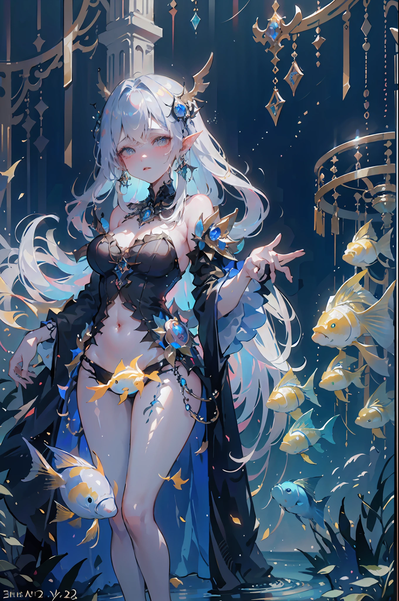 Masterpiece, High Quality, Ocean Forest, City, Fantastic Fantasy, Glowing Plants, Coral Viaduct, (Swarm of Glowing Jellyfish), (Shoal of Fish with Transparent Wings Flying in the Sky), Misty, Extreme Detail, Morning Light, Epic Composition, (Intricate Detail), (Intricate Design, Ultra Detail: 1.2), Art Station, (Masterpiece, Best Quality), Ultra HD, 32k ,castle,1girl
