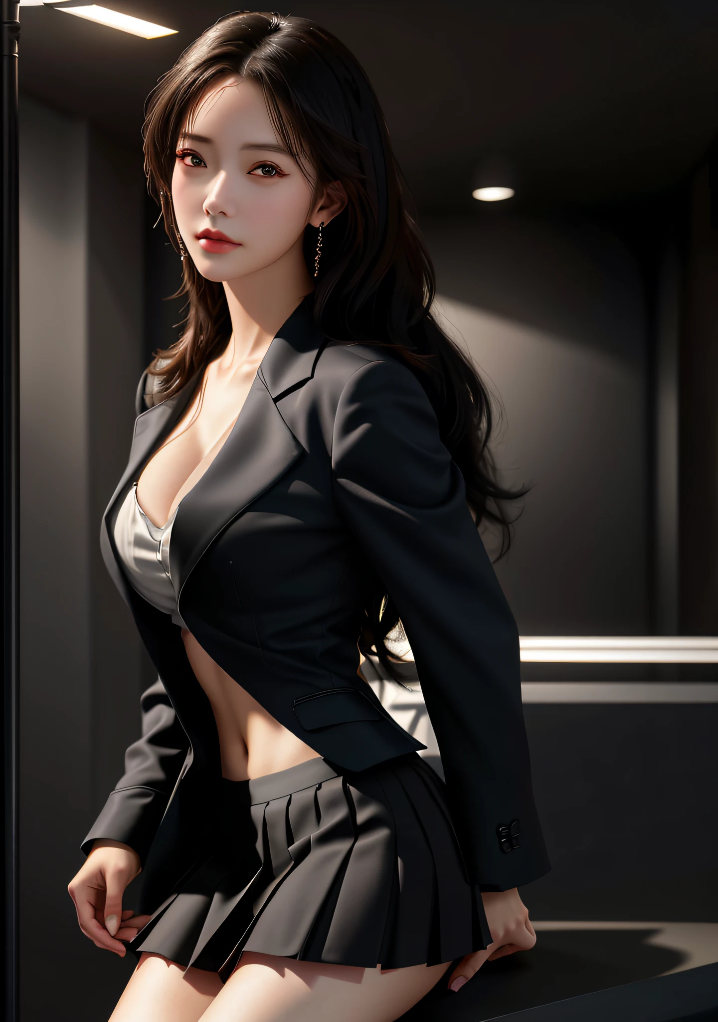 best quality, masterpiece, 1girl, Beautiful face, (photo realistic:1.3), rim lighting, (high detailed skin:1.2), 8k uhd, dslr, high quality, high resolution, 4k, 8k, Bokeh, absurdres, best ratio four finger and one thumb, (realistic:1.3), cute 1girl, wearing black formal blazer, medium breasts, short skirt,