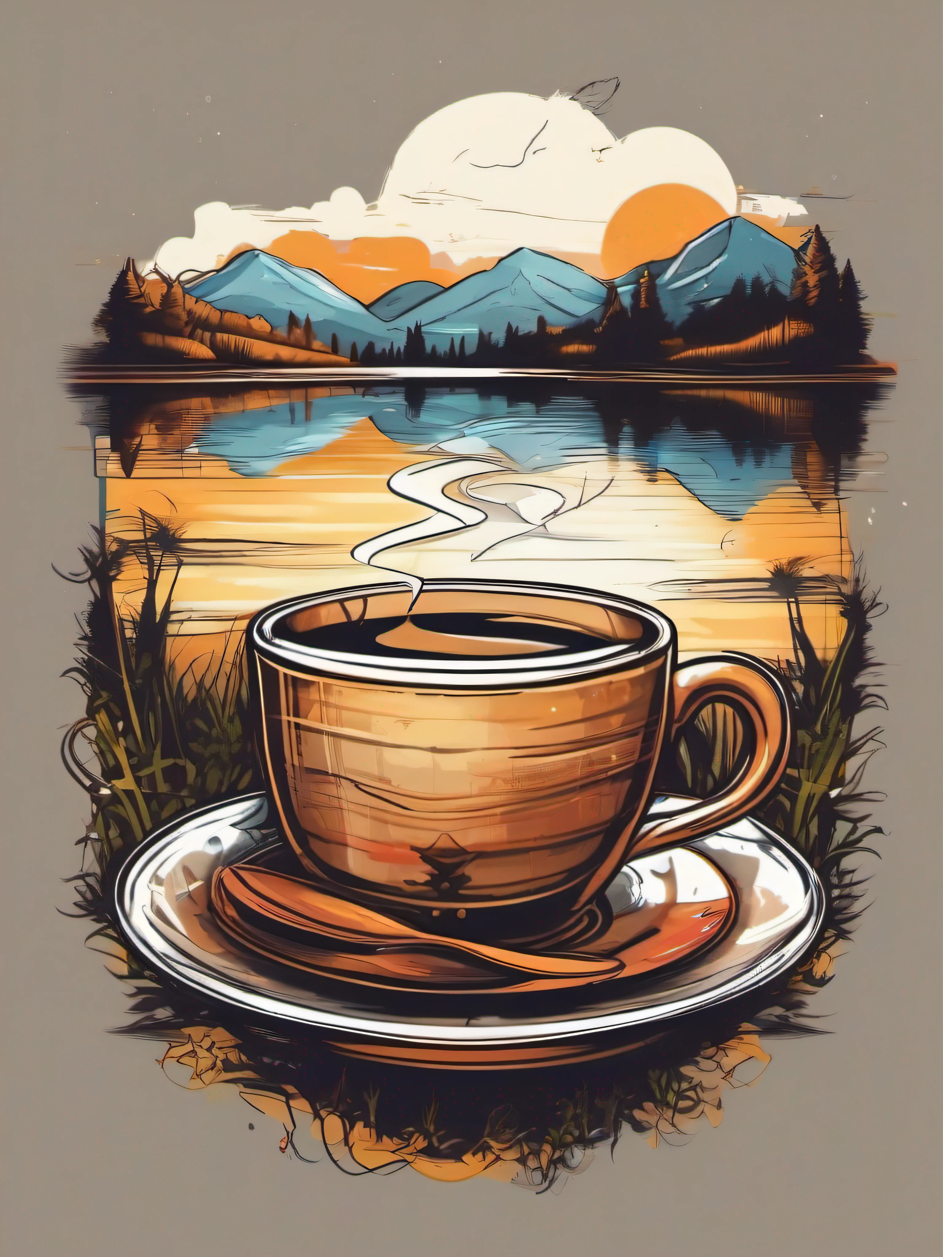 vector t-shirt design ready to print, illustration of cup of coffee while sitting near a lake in the hills, side view, STICKER, white clean background, pro vector, high detail, t-shirt design, grafitti, vibrant,