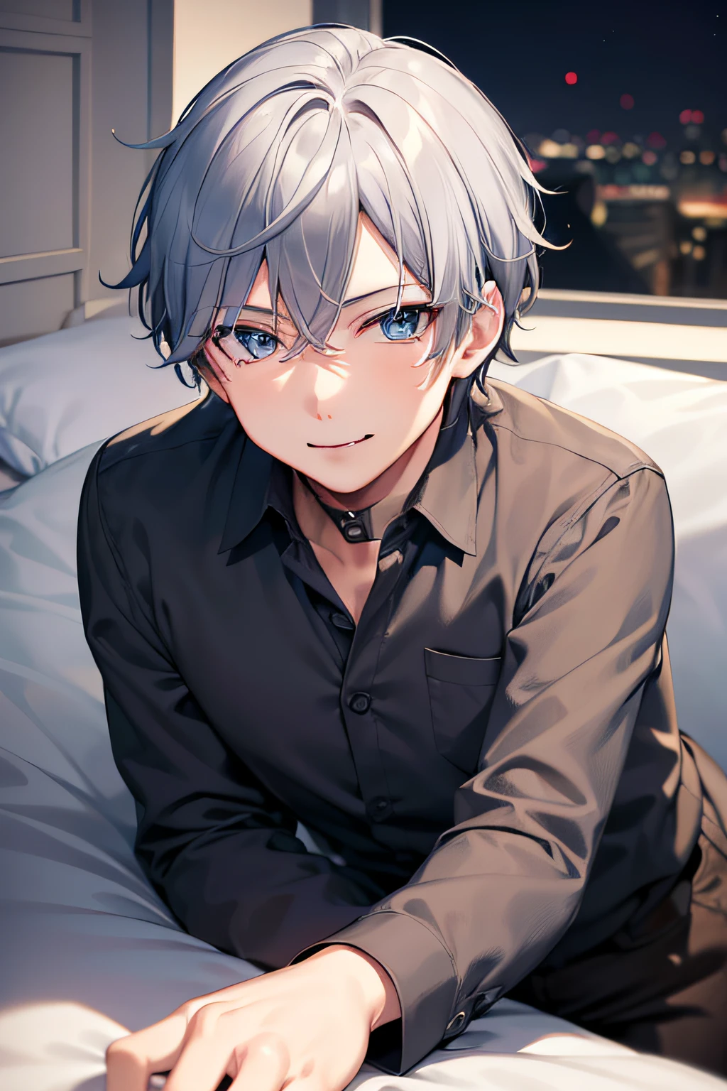 masutepiece,Best Quality,Solo Boy,Solo Man,Solo Boy,Solo Man,Middle Age,beautidful eyes,Seductive smile,Gray hair,Blue eyes,(Face shot:1.3),Detailed face,8K resolution,bed,Night,dark,collared shirt