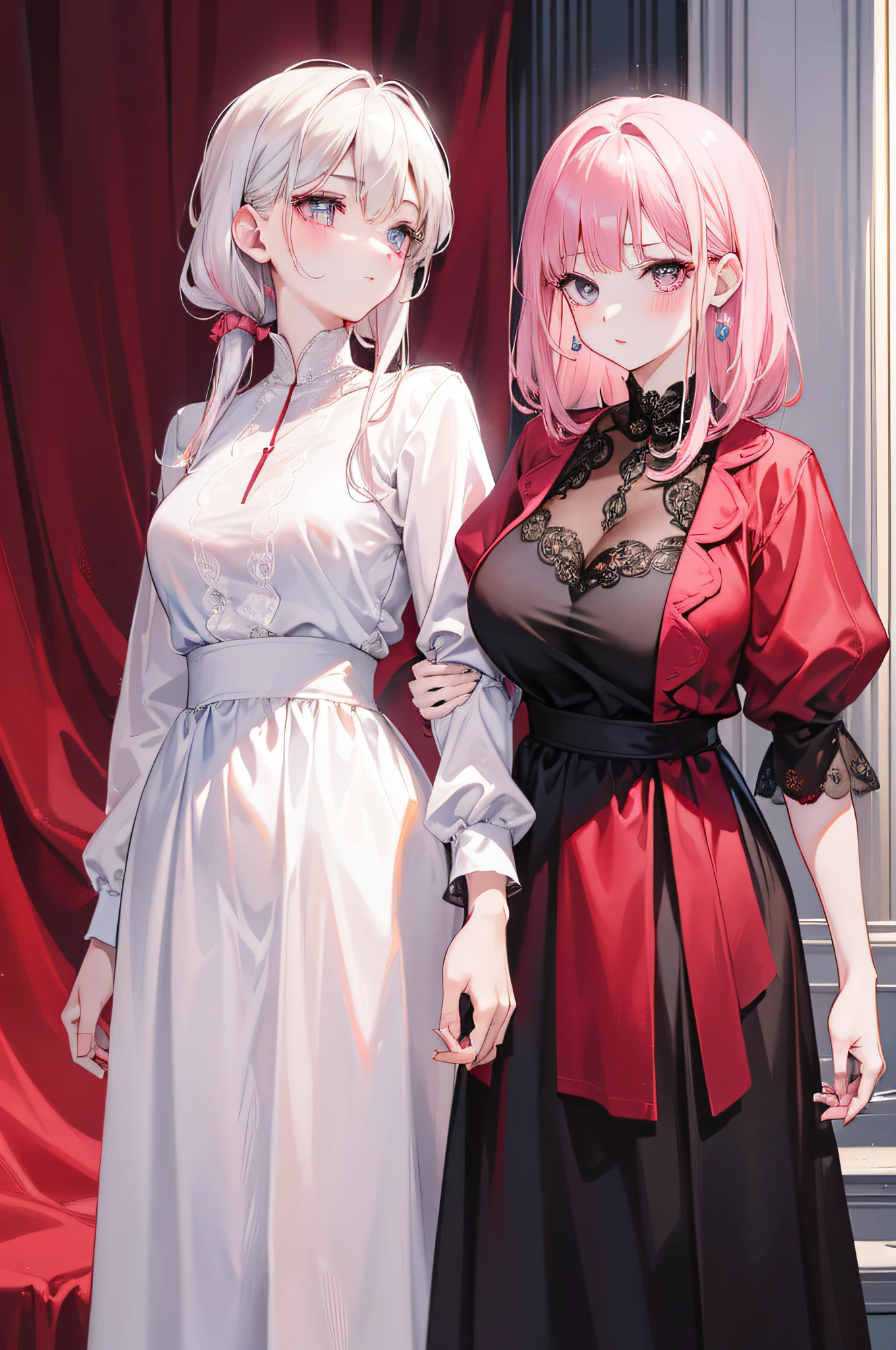 25 year old couple,Royal sister,White shirt, Black trousers,Lace,V-neck dress,Be red in the face,Pink lips,white backgrounid,8K masterpiece