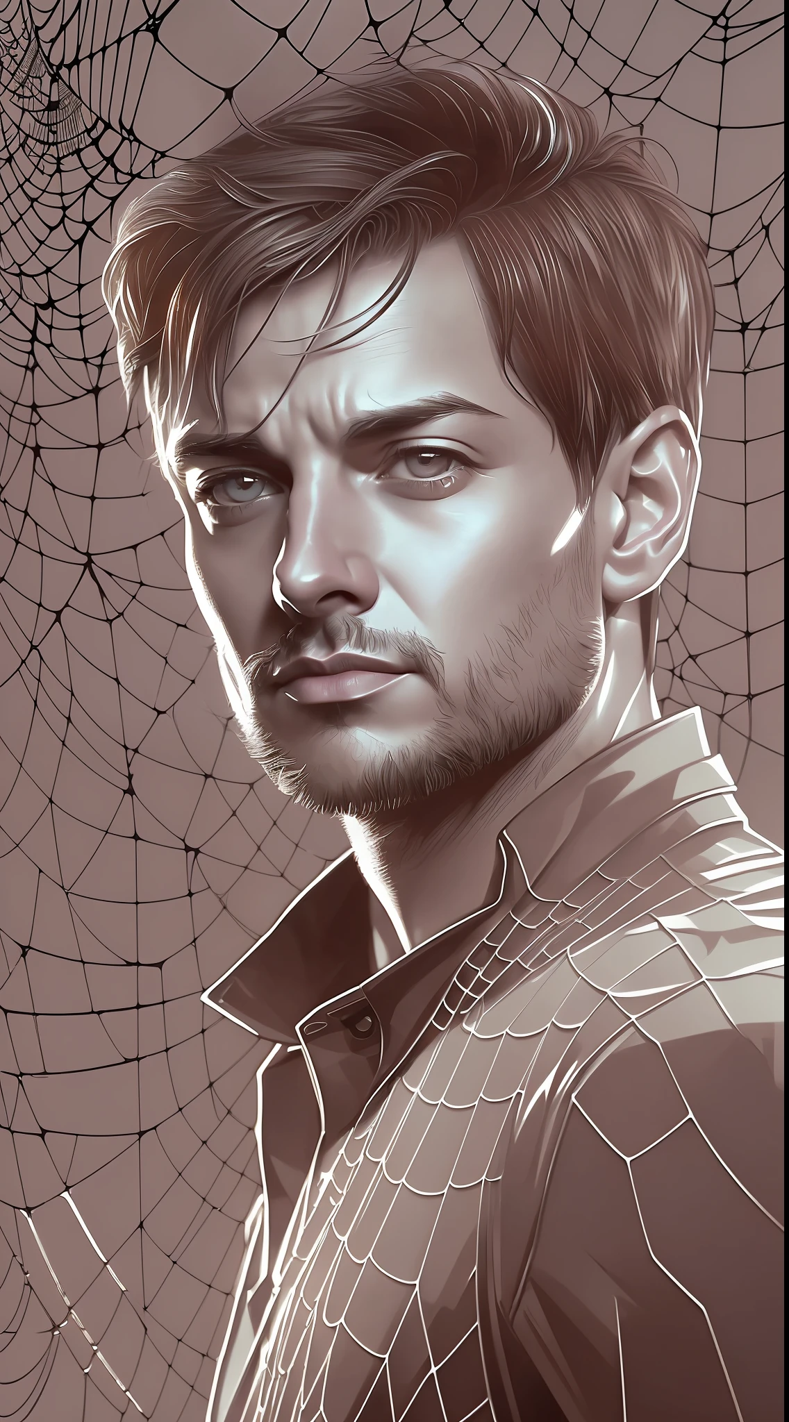 (Award-winning digital artwork:1.3) of (Sketch:1.3),(Energetic:1.3), Tobey Maguire,CGSociety,ArtStation,(Saturated:1.3),(close portrait:1.3),(Masculinine:1.4),(beautiful:1.4 ),(carismatic:1.3),Handsome,calendar pose,Perfect Detailed Eyes,studiolight,Spider web theme background