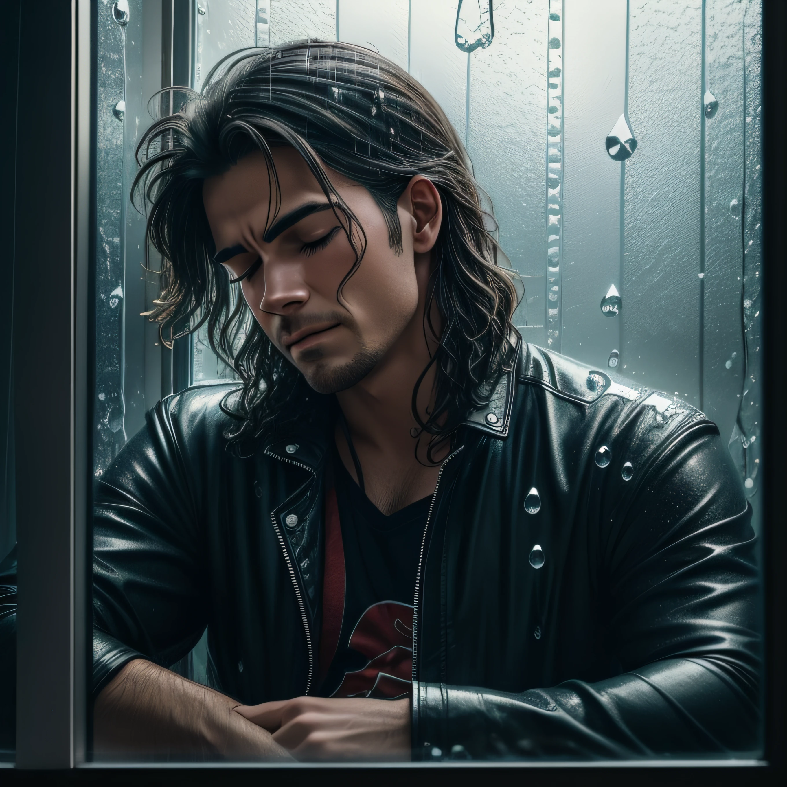 Rocker Man Sleeping and Dreaming of Tears in the Rain. Closeup through a rainy window.