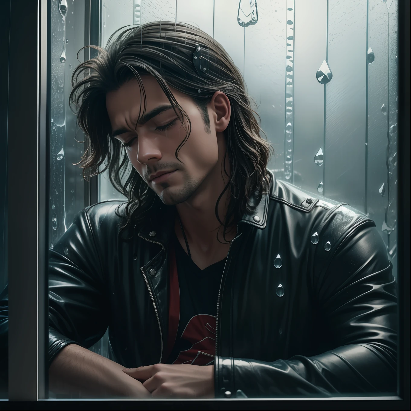 Rocker Man Sleeping and Dreaming of Tears in the Rain. Closeup through a rainy window.