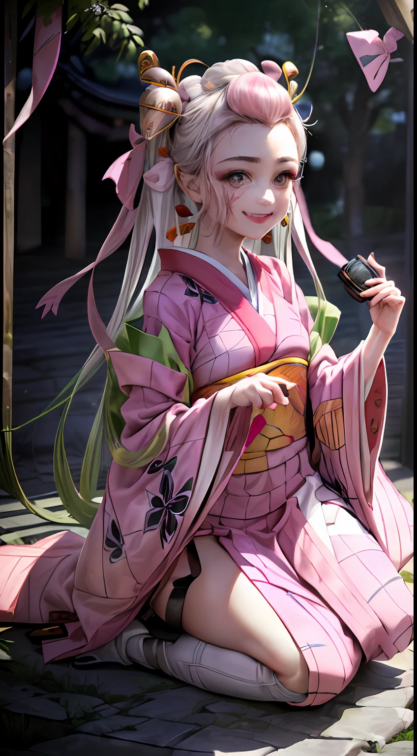 Masterpiece, Best Quality, High Resolution, Venus1, 1Girl, Solo, Daki, White Hair, (((((Pink Ribbon)) Checkered Belt, No Gag, NO Gag, Gradient Hair, Haori, Japanese Clothing, Kimono, Long Hair, Looking Forward at Sunset Smiling, Red Eyes, Pink Kimono, Pink Ribbon, Solo, Full Body, Front, Bokeh Background (85mm Lens), Front Camera, Resolution 1366 x 768