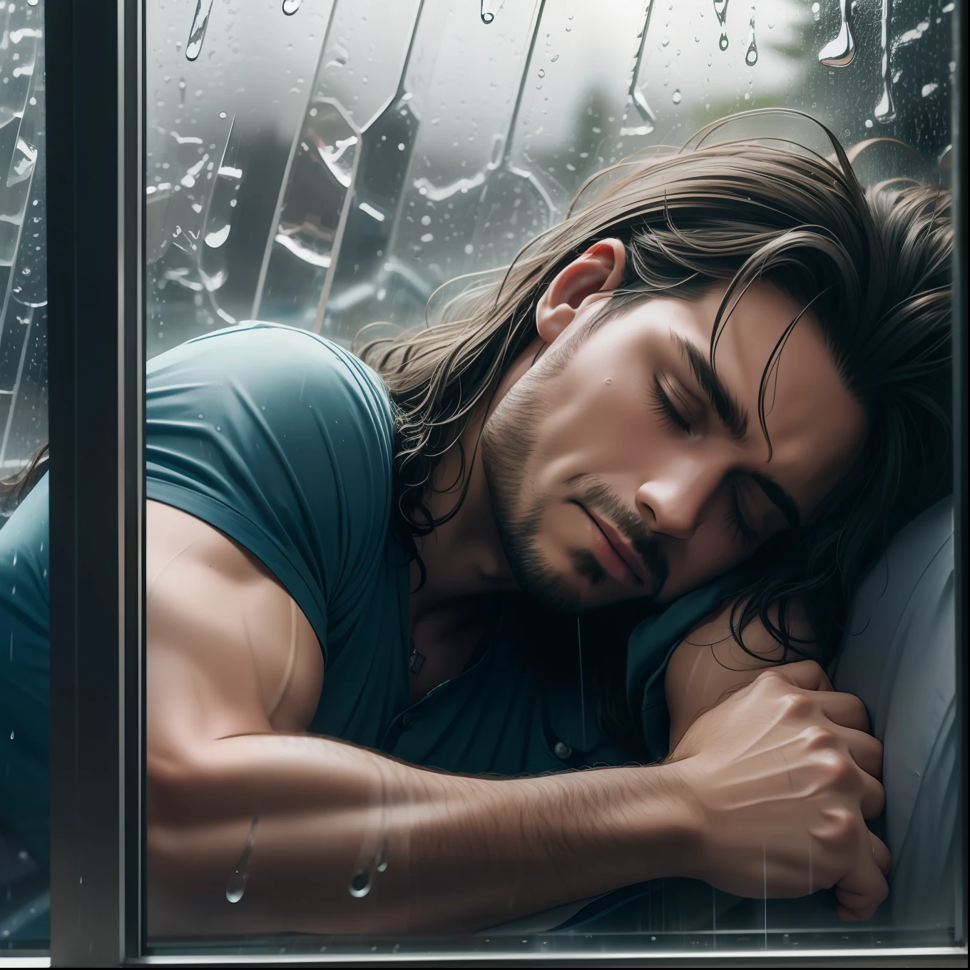 Rocker Man Sleeping and Dreaming of Tears in the Rain. Closeup through a rainy window.