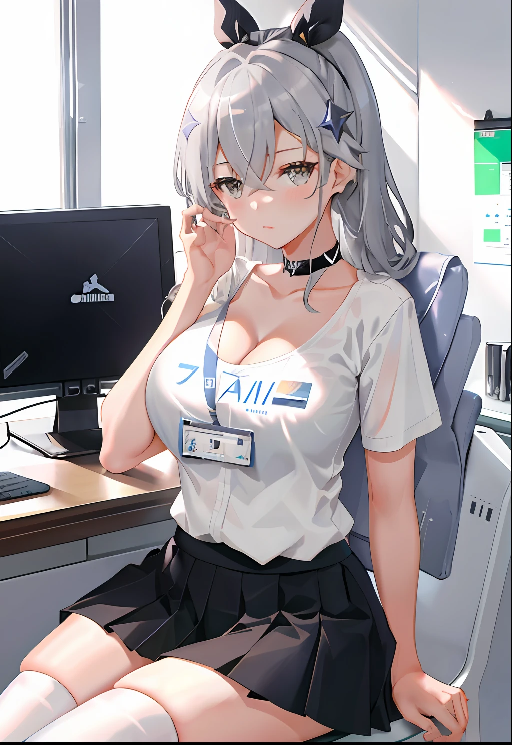 Silver wolf, honkai star rail, 1girl, solo, ((white shirt)), white thighhighs, breasts, cleavage, uniform, office background, black skirt, pleated skirt, office, hair between eyes, hair ornament, large breasts, long hair, looking at viewer, silver short nails, grey eyes, solo, thighhighs, thighs, ((masterpiece)), sitting, chair, desk, computer on desk, name tag, id tag, indoor, blush, sexy pose, hands behind, ((office top)),