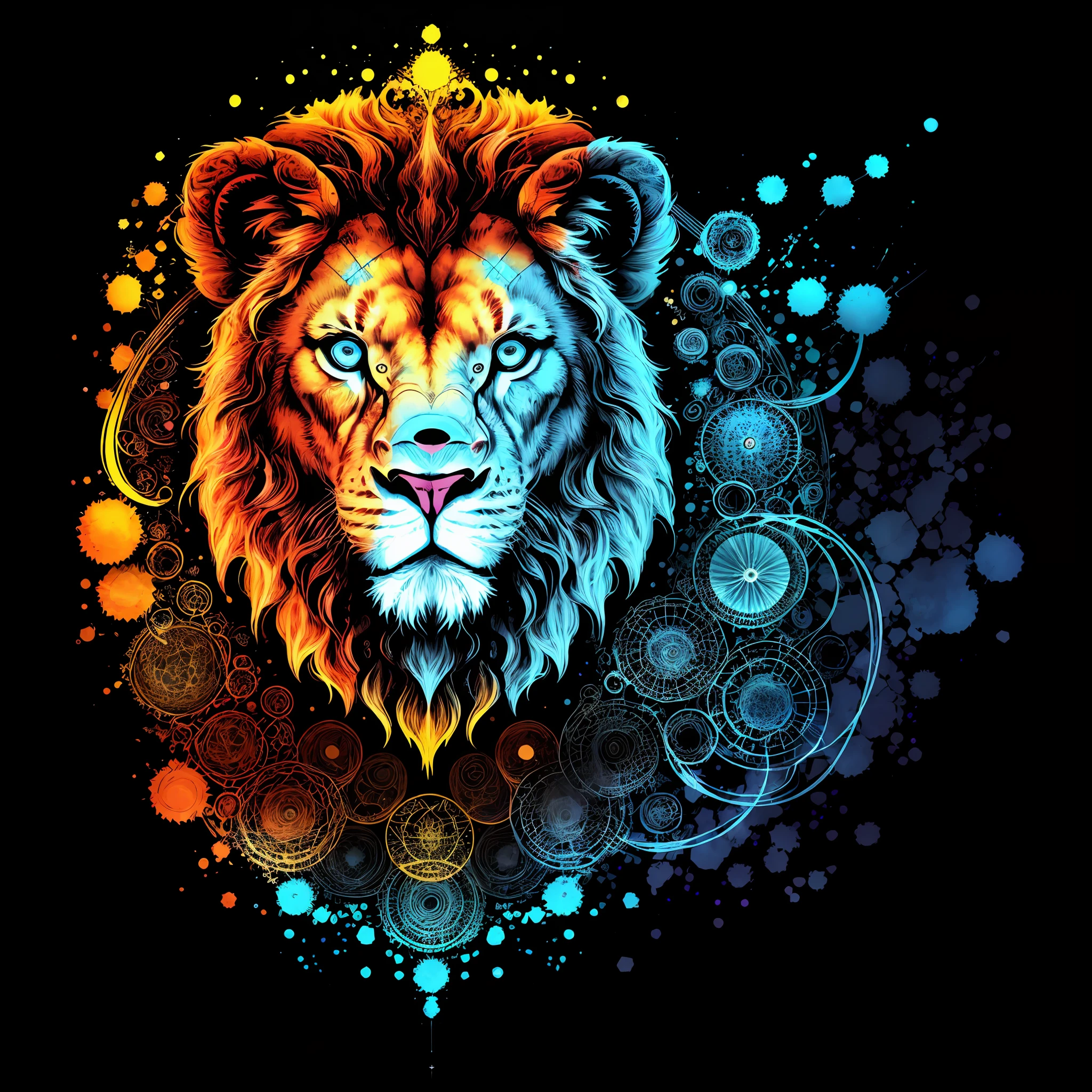 in the style of 0mib，T-shirt design,lion，Prismatic fragments，Reflect fractal circles，Doodle lines，ink spatter，Melted brushstrokes，particles vortex，dramatic  lighting，high high quality， Beautiful，tmasterpiece