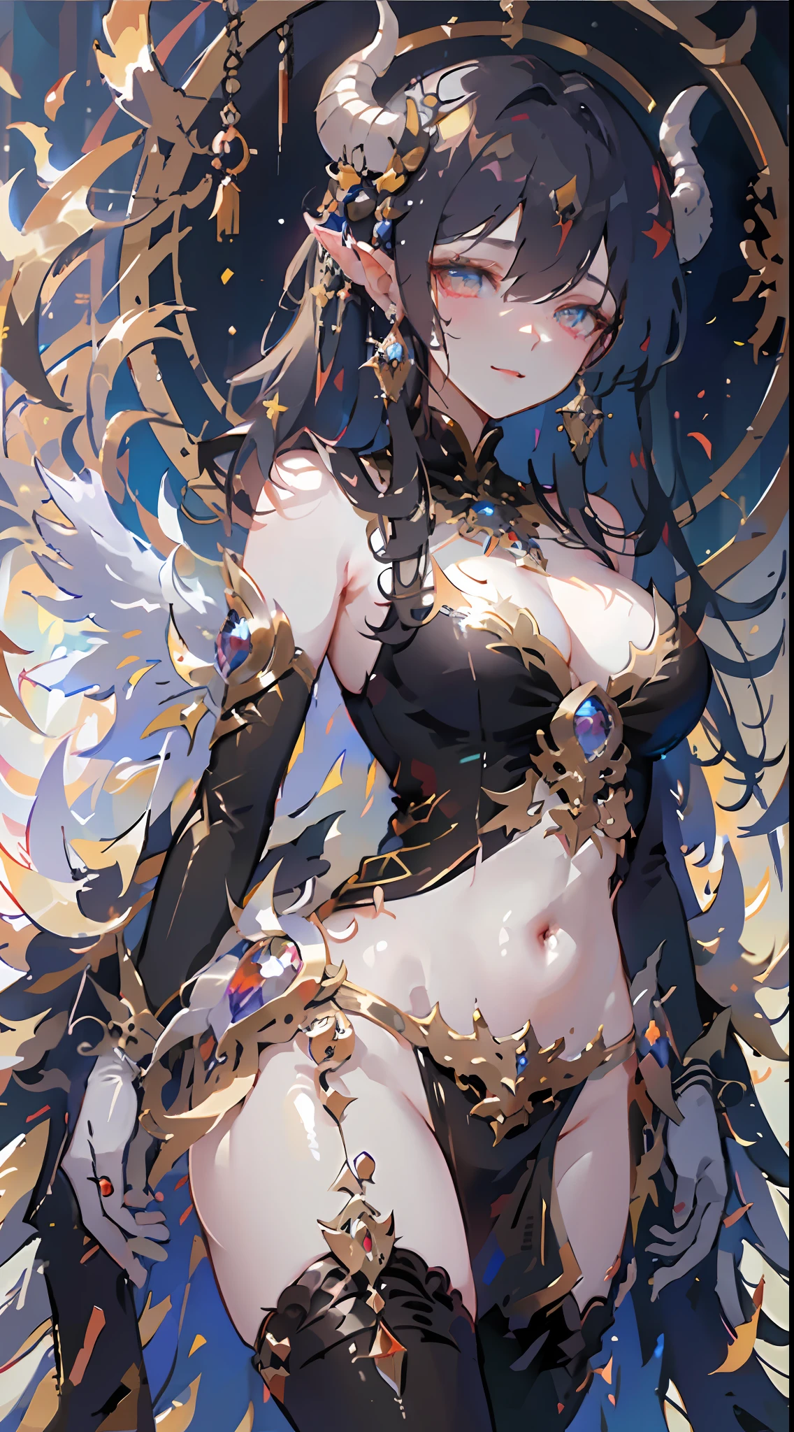 1girl, breasts, solo, horns, long hair, albedo (overlord), wings, large breasts, dress, hip vent, black wings, white gloves, gloves, looking at viewer, black hair, white dress, bare shoulders, hair between eyes, yellow eyes, feathered wings, demon horns, smile, feathers, demon girl, cleavage, slit pupils, detached collar, bangs, very long hair, closed mouth, black feathers, cowboy shot, covered navel, elbow gloves, white horns, standing, demon wings ,