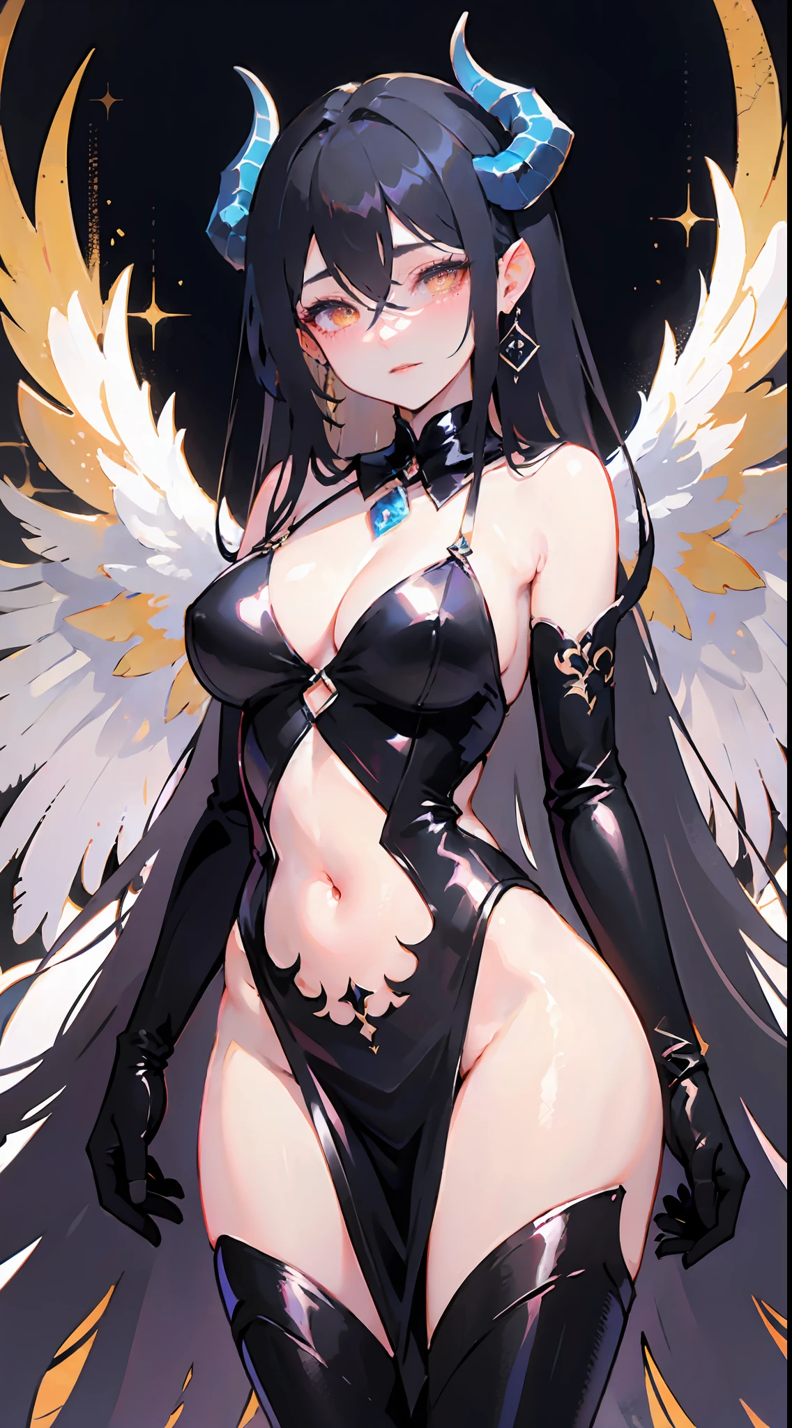 1girl, breasts, solo, horns, long hair, albedo (overlord), wings, large breasts, dress, hip vent, black wings, white gloves, gloves, looking at viewer, black hair, white dress, bare shoulders, hair between eyes, yellow eyes, feathered wings, demon horns, smile, feathers, demon girl, cleavage, slit pupils, detached collar, bangs, very long hair, closed mouth, black feathers, cowboy shot, covered navel, elbow gloves, white horns, standing, demon wings ,