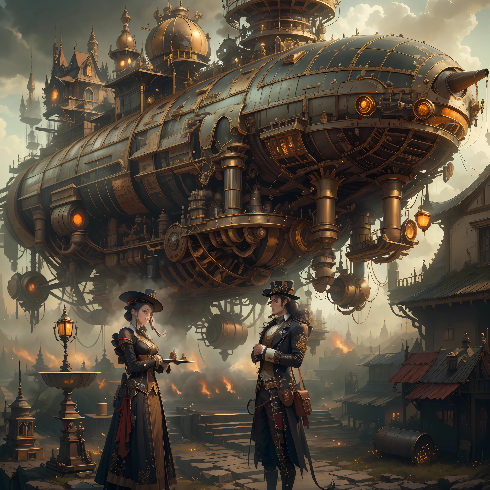 best qualtiy，tmasterpiece，超高分辨率，（realisticlying：1.4），absurderes，（1 couple standing in the manor，（Eye focus），sface focus），（koh_amberheard：0.8），1 best long shot photo of Mechanical Airship Manor，Fantasy sci-fi vehicles，hyper realisitc，steampunc，Complex design，insanely details，finely detailled，Steampunk AI，