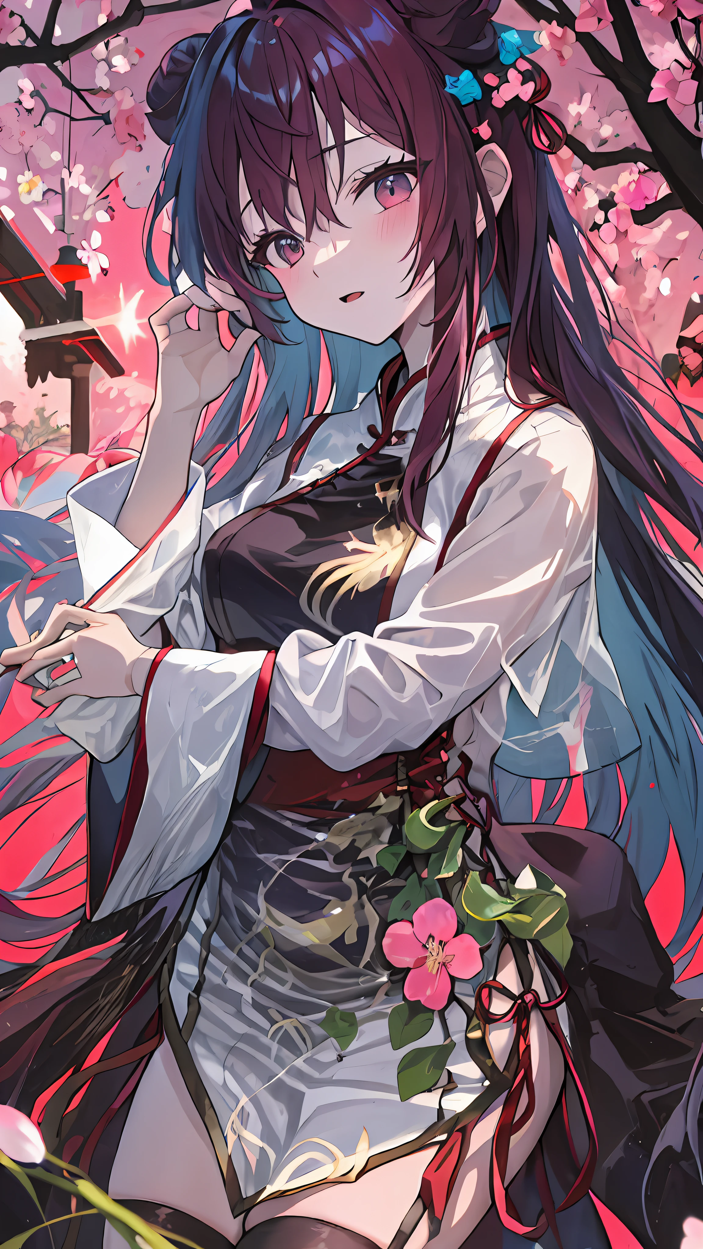 top-quality, Ink painting style, Fresh and elegant, Clear lake, orthofacial,Cute and shy,The cherry blossoms set as the sun sets,Black color hair, White cheongsam simple pattern girl, Ride the flower wind to blow your head, A forest dotted with green leaves, Birds sing happily, A poetic scene