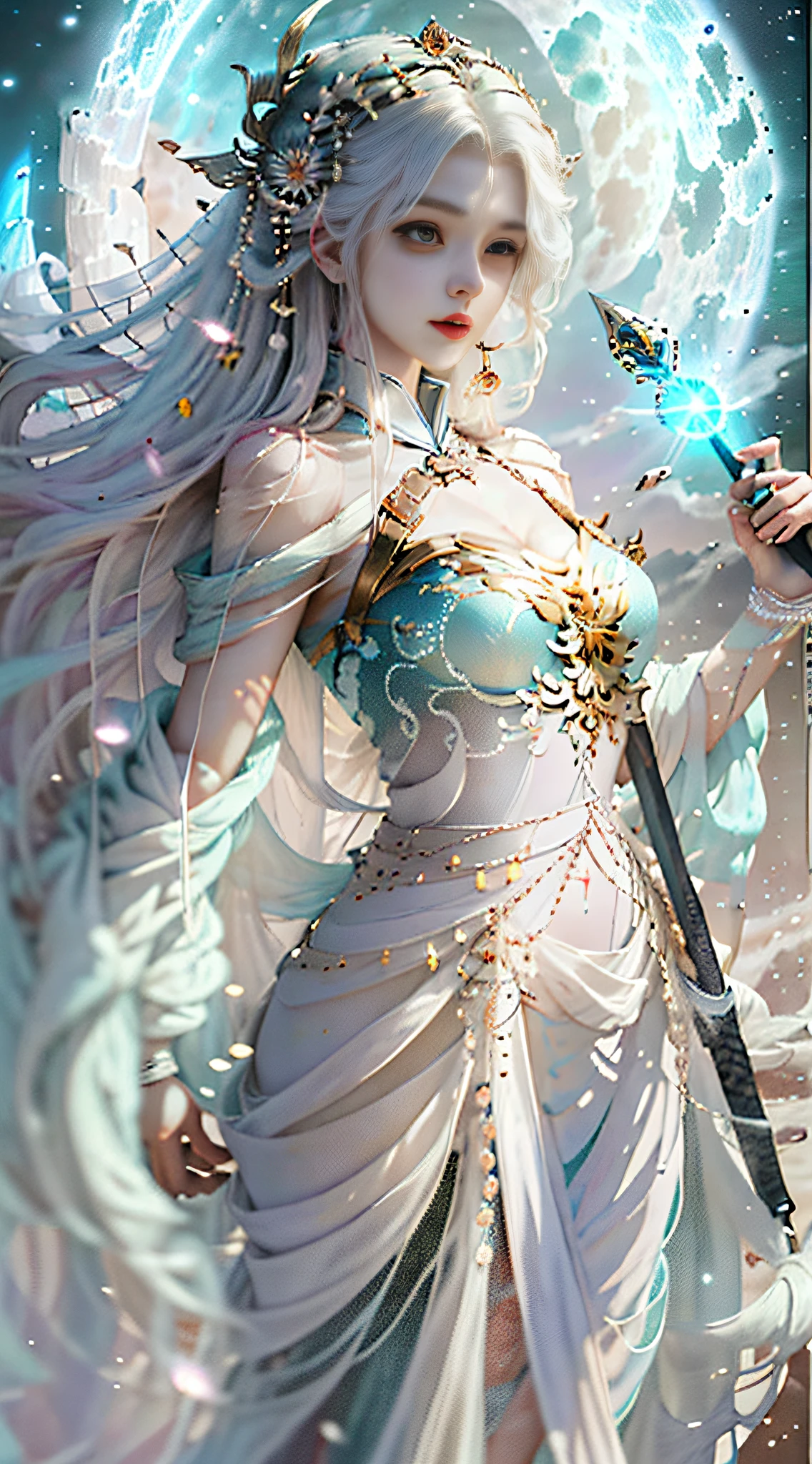 a woman in a white dress holding a sword and a blue light, digital art by Yang J, cgsociety contest winner, fantasy art, xianxia fantasy, beautiful celestial mage, a beautiful fantasy empress, ethereal fantasy, fantasy art style, full body xianxia, digital fantasy art ), beautiful young wind spirit, epic fantasy art style hd, flowing magical robe