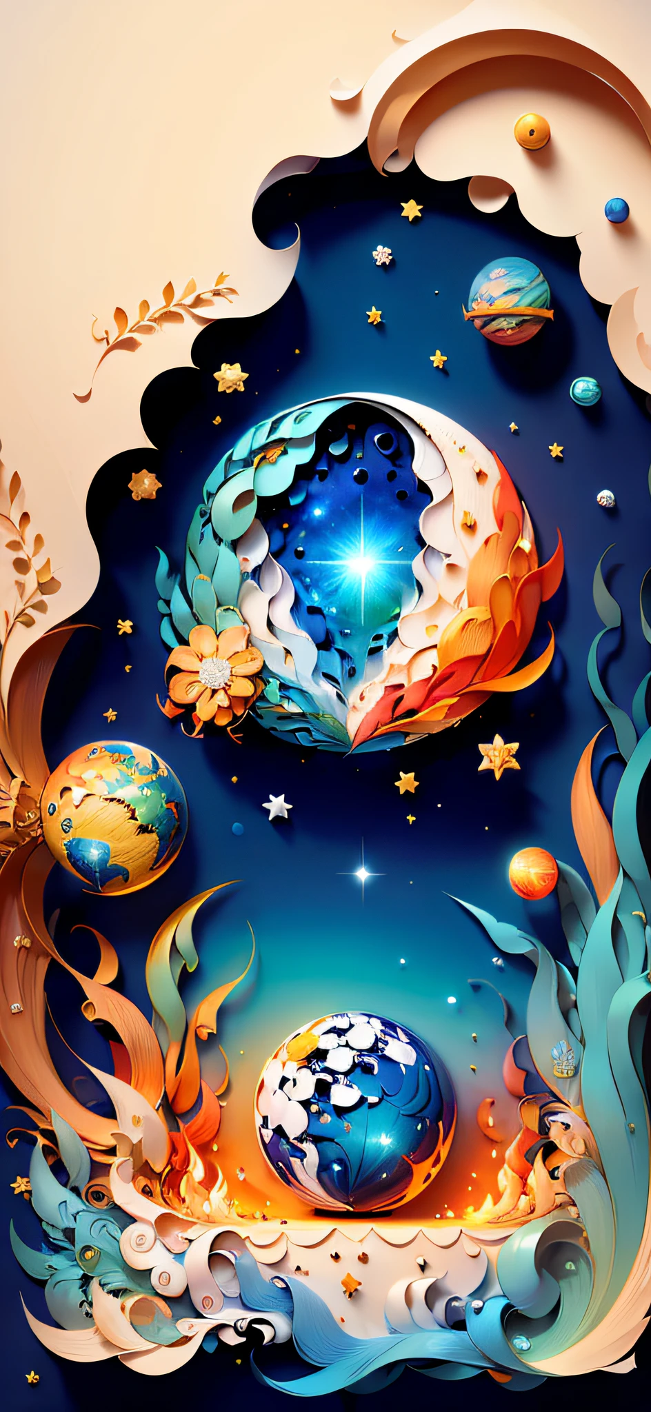 (((masterpiece))),best quality, illustration, earth, water ,fire, wind , space , paper_cut,