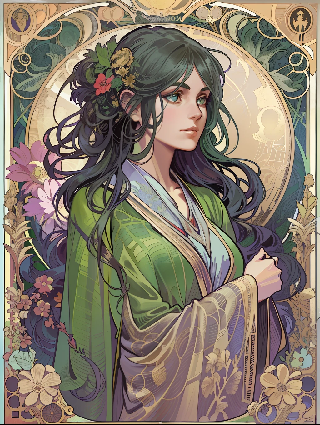 1 girl，woman，Looking down，Solo，The upper part of the body，Green eyes，european woman face portrait，with long coiled hair，Shiny skin, Detailed face, The robe has a pattern， Sumeru，Clouds， themoon，tarot card layout，Best quality, Masterpiece, (Realistic:0.6), Realistic lighting,Flower frame， Decorative panels， abstract artistic， Alphonse Mucha （tmasterpiece， best qualtiy， A high resolution： 1.4）， A detailed， Complicated details， 4K，cerulean， Line art， Fibonacci