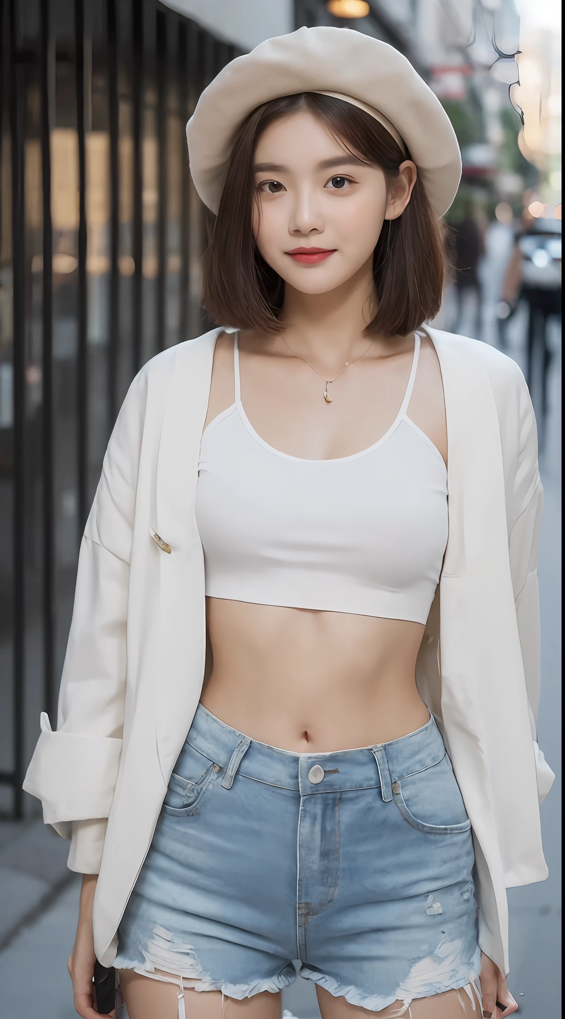 ((Best Quality, 8K, Masterpiece: 1.3)), (Flower Cap: 1.3), Focus: 1.2, Perfect Body Beauty: 1.4, Buttocks: 1.2, (Layered Haircut: 1.2)), (Dark Street: 1.3), Highly Detailed Face and Skin Texture, Full Body, Delicate Eyes, Double Eyelids, Whitened Skin, Long Hair, (Round Face: 1.5), (Loose Crop Top, Shorts: 1.6)
