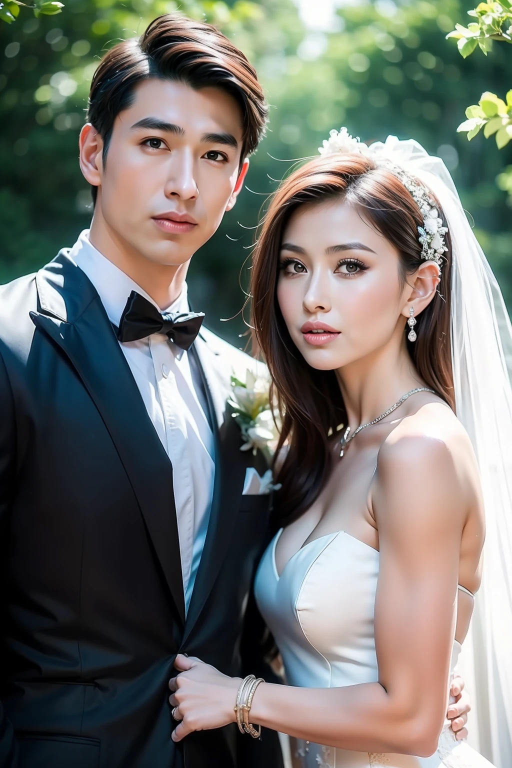 Fashion model 20 years old [[[[closeup cleavage]]]], [[[[boobgasm]]]], [[[[coll]]]], [[[[bshoulders]]]], perfect  eyes, Perfect iris，Perfect lips，perfect teeth，Perfect skin，Soft front light，hdr，A couple，wedding gown，Masculine man in suit，Gentle lady in wedding dress，Lady is slender face，slender nose；（pastel colour：1.2）