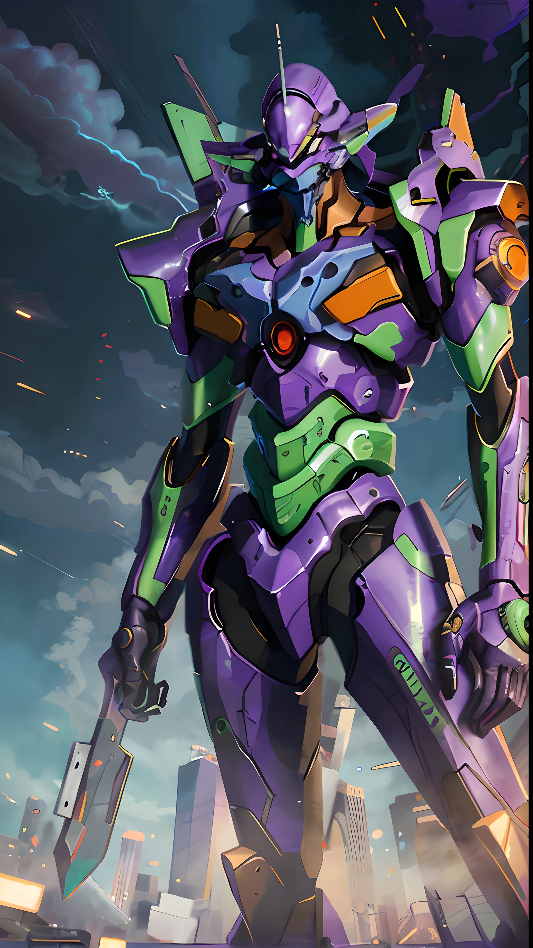 (eva 01), evagod, evangelion mecha, science fiction, looking at viewer, (official art, Best quality, masterpiece:1.2), illustration, high res, beautiful abstract background, Futurism, cyberpunk, intense angle,