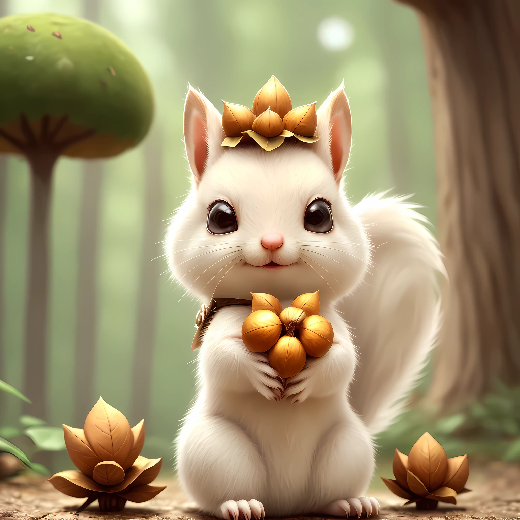 there is a small white squirrel with a acorn in its hand, cute forest creature, adorable digital painting, cute detailed digital art, the squirrel king, cute digital art, cute cartoon character, cute character, cute creature, cutie, official illustration, official art, squirrel, maplestory mouse, astri lohne,  cute 3 d render