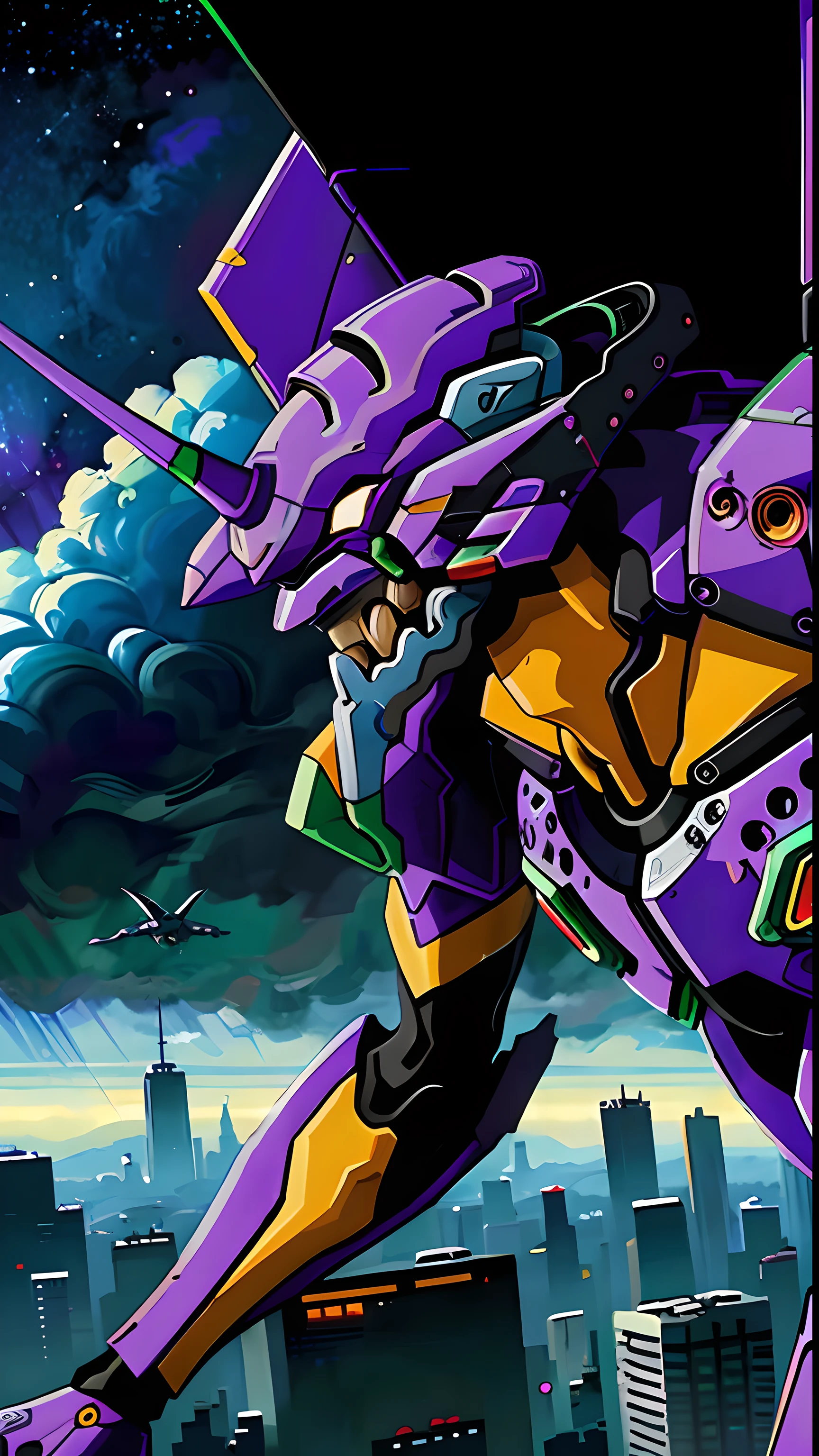 (eva 01), evagod, evangelion mecha, science fiction, looking at viewer, (official art, Best quality, masterpiece:1.2), illustration, high res, beautiful abstract background, Futurism, cyberpunk, intense angle,