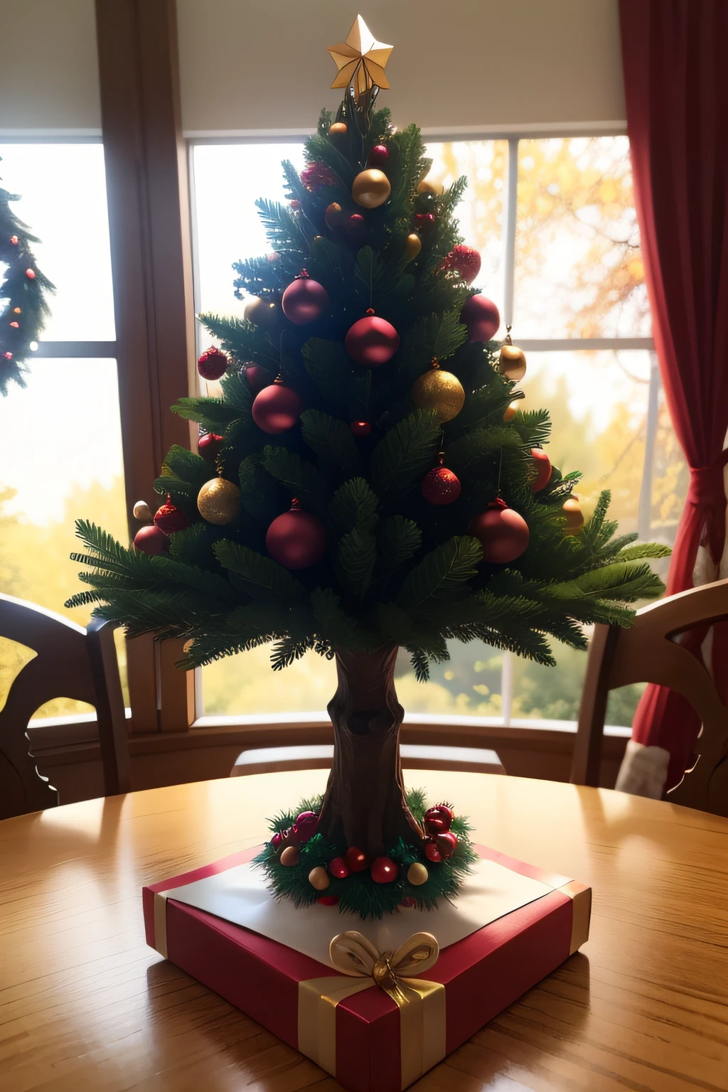 A Christmas decoration on a table, com imagem desfocada de uma arvore de natal ao fundo