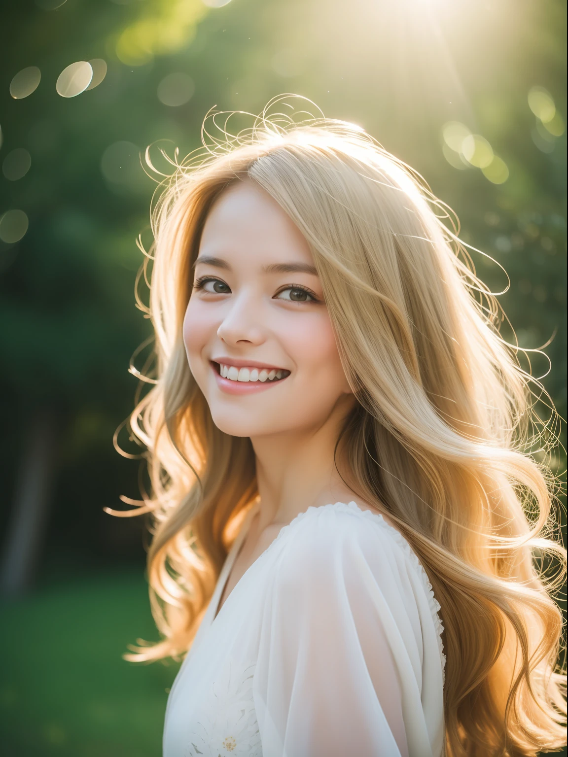 masterpiece, best quality,  Capture a candid moment of a youthful German girl in a flowy white dress, with golden locks of hair reflecting the sunlight as she radiates pure joy and warmth. The photograph should capture the essence of healing and cheerfulness. Inspired by the work of photographer Lena Donauer, use a warm and bright color temperature to enhance the glow on the subject's face. The lighting should be natural, with soft shadows and a gentle breeze to emphasize the ethereal quality of the scene. Shot with a Canon EOS R5 camera, using a 35mm lens with an aperture of f/1.8, ISO 200, and a shutter speed of 1/800 sec. Vignette and light leaks, with a soft focus, should also be added in post-processing to create an idyllic, dreamy quality. UHD dtm HDR 4k