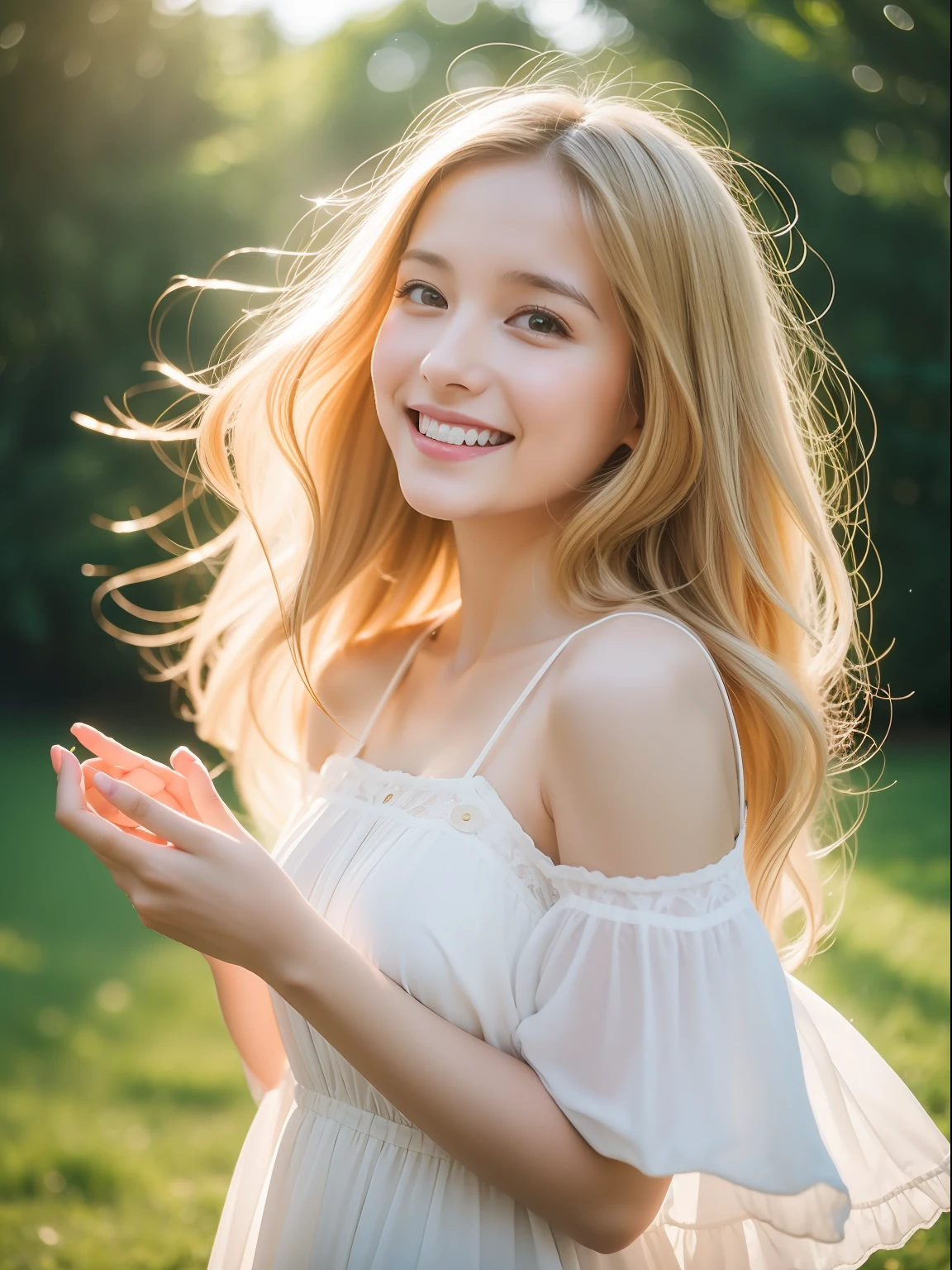 masterpiece, best quality,  Capture a candid moment of a youthful German girl in a flowy white dress, with golden locks of hair reflecting the sunlight as she radiates pure joy and warmth. The photograph should capture the essence of healing and cheerfulness. Inspired by the work of photographer Lena Donauer, use a warm and bright color temperature to enhance the glow on the subject's face. The lighting should be natural, with soft shadows and a gentle breeze to emphasize the ethereal quality of the scene. Shot with a Canon EOS R5 camera, using a 35mm lens with an aperture of f/1.8, ISO 200, and a shutter speed of 1/800 sec. Vignette and light leaks, with a soft focus, should also be added in post-processing to create an idyllic, dreamy quality. UHD dtm HDR 4k