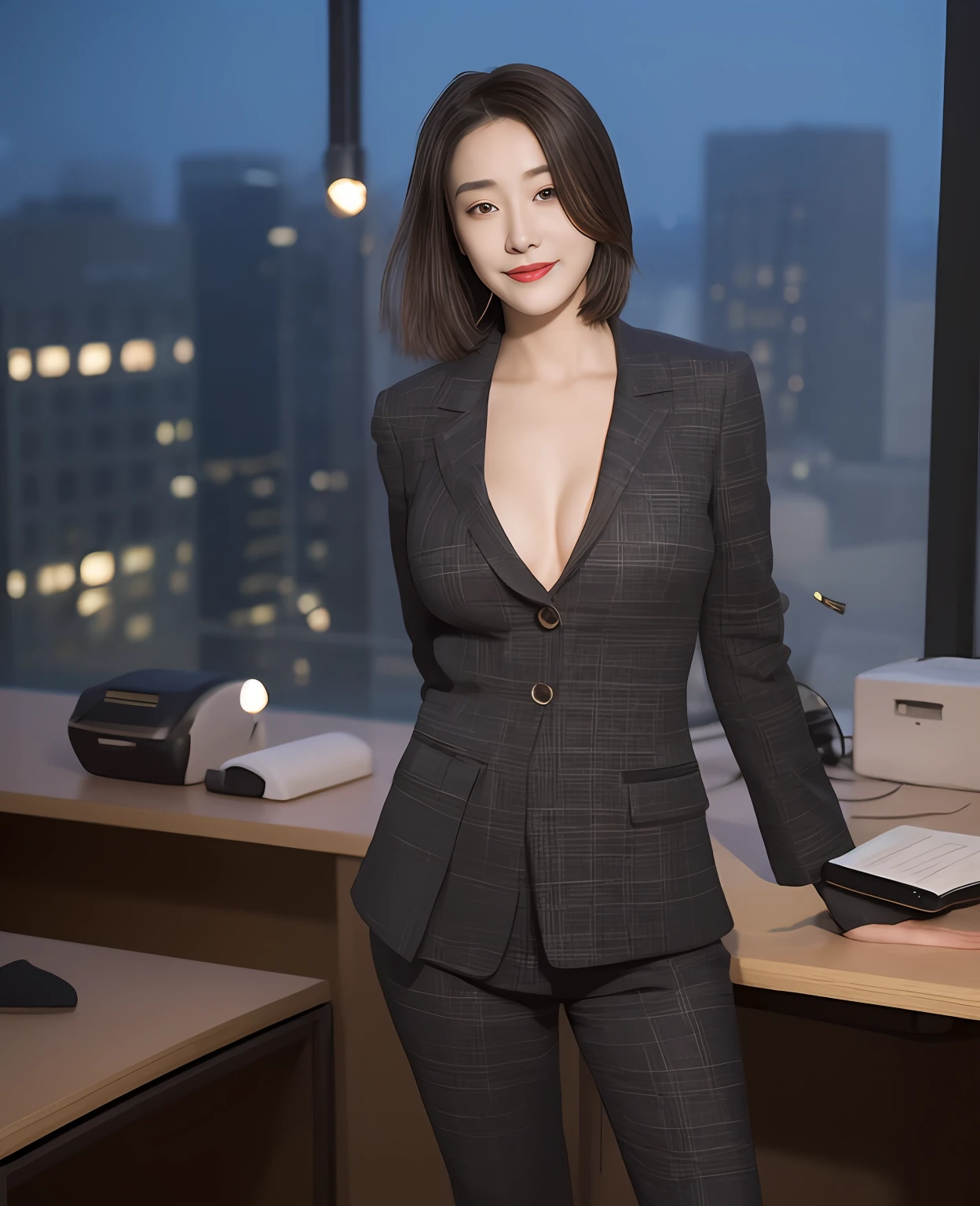 （（best qualtiy，realisticlying，8K HD，tmasterpiece：1.3）），focal：1.5，perfect bodies：1.hort ponytail straight hair，Vertically smooth hair，A detailed:1.3）），（（wetclothes：1.1），White high-end brand fashion suit suit:1.3，（detailed outfits:1.3），（delicate stiletto heels crystal band sandals，high high quality：1.2））， Highly Detailed Face and Skin Textur， Fine Eye，二重まぶた，realistic pupil，skin lightening，Beautiful face，Swollen eyes，Healing is a smile，（female focus，Waist focus，close focus，hdr shot，20yr old，Raised breabra，the areola is v，With a petite figure，Slim:1.3，slenderlegs:1.3autiful night scene，Luxury office，floor to ceiling window，Long table，Double bed，Cocked buttocks:0.6，ful andish beautiful pose（full besbian：1.8））