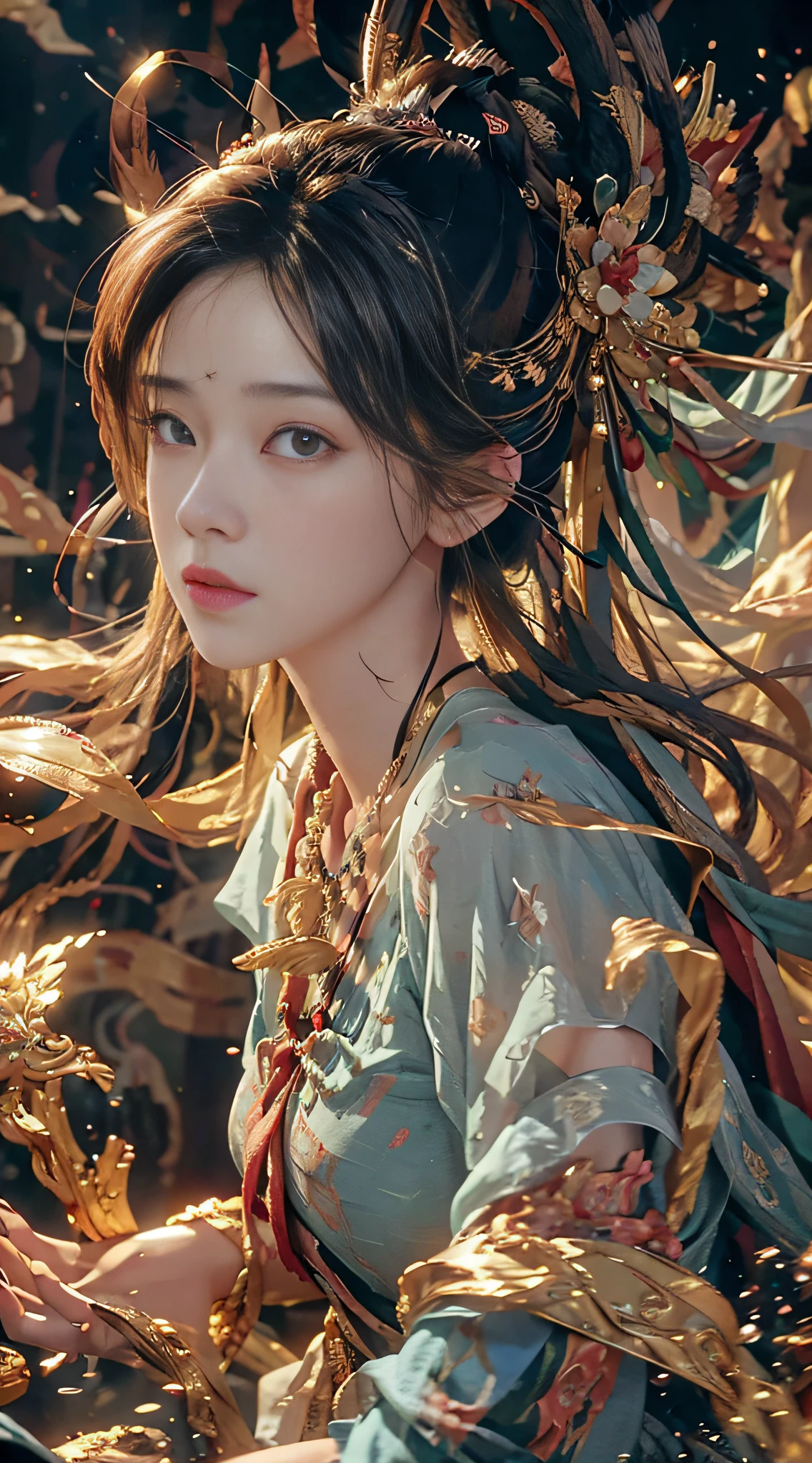 nsfw, (RAW Photo, Best Quality), (Realistic, Photo Realistic: 1.3), Best Quality, Highly Detailed, Masterpiece, Ultra Detailed, Illustration, 1 Girl, upper_body, Dynamic Angle, World Masterpiece Theater, messy_long_hair, Best Quality, Extremely Detailed CG Unity 8k wallpaper, ink, amazing, Flying Sky, Cinematic Lighting, lens_flare, dunhuang_style,