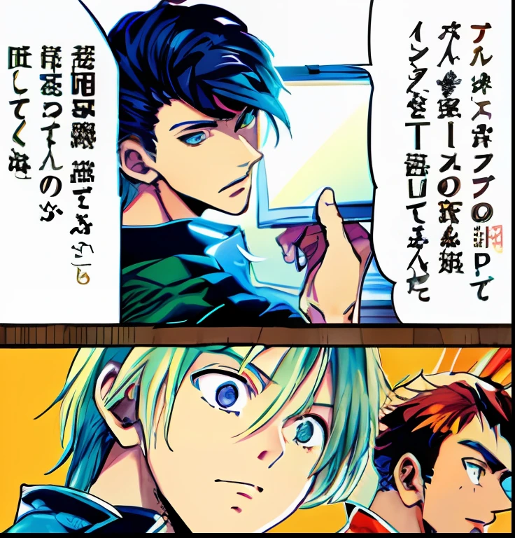 a anime of a boys manga, jakcet, text manga, color manga, manga color, color manga, color manga panel, simple background