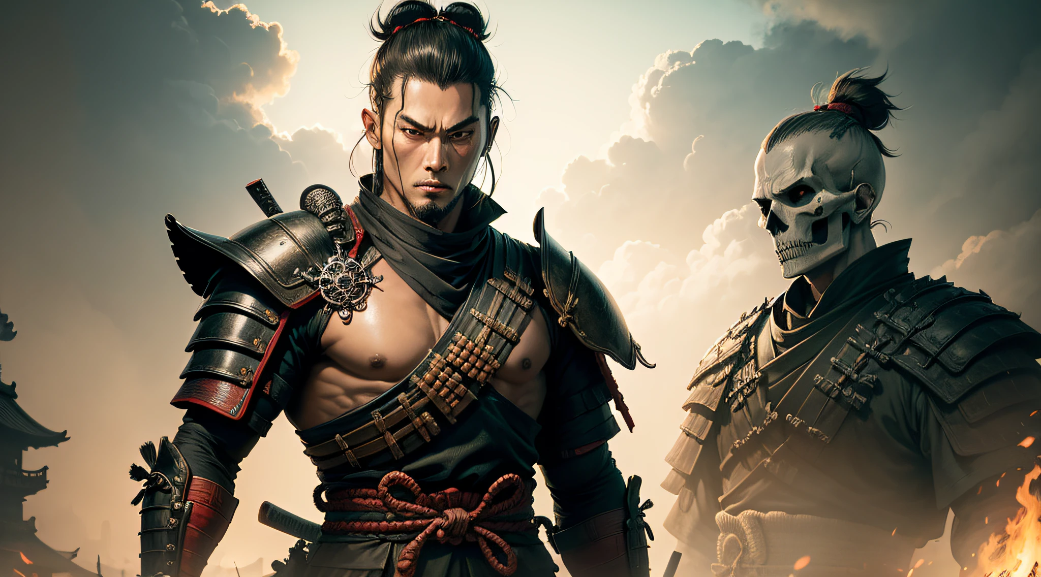 A samurai with a human skull head in a post-war setting
