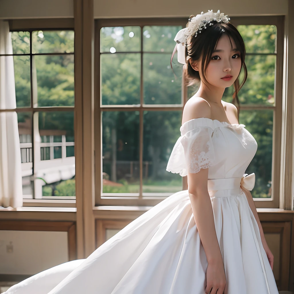 Beautiful 22 year old young lady perfect height ratio wearing white wedding dress tight dress off-the-shoulder waist ribbon