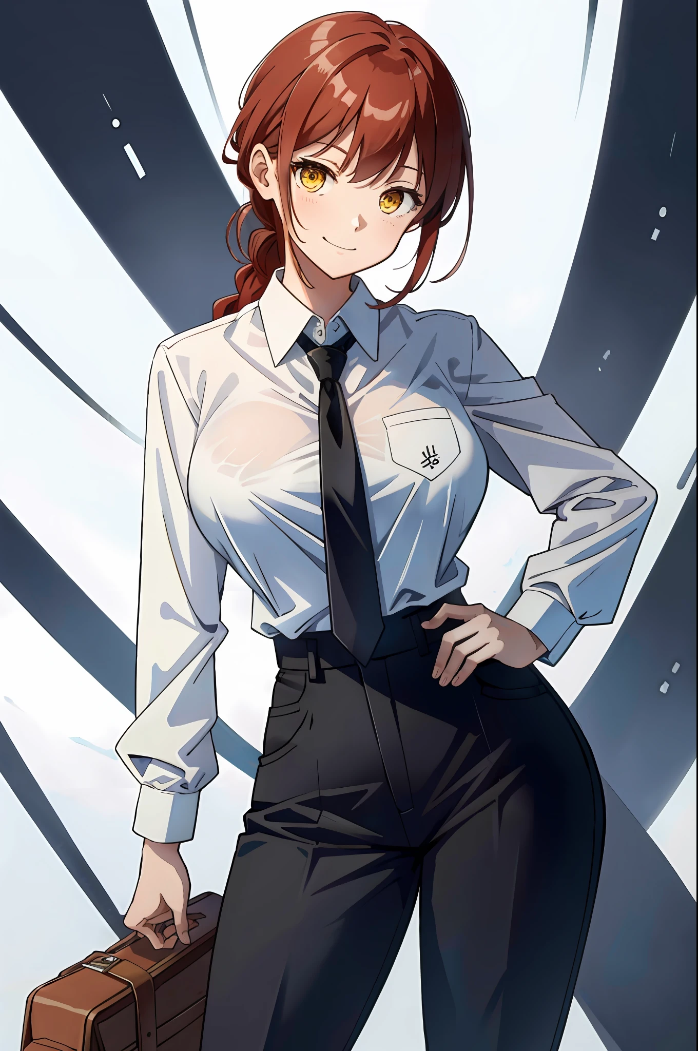 makima\(Chainsaw man\), Smile, Long sleeves, Red hair, tiese, Large breasts, Solo, view the viewer, Thick thighs, hand on hips, Pants, Black pants, Yellow eyes, 1girll, White shirt, braidedponytail, ringed eyes, high-waist pants, shirt, Braid, shirt tucked in, Simple background, White background, black necktie, Collared shirt