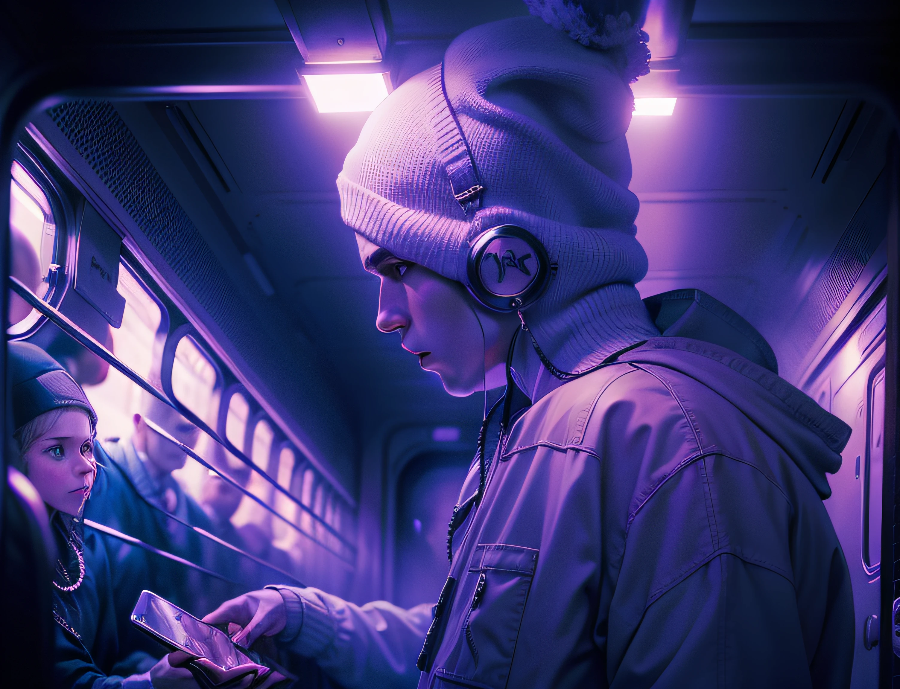 white-skinned hip hop artist mirror image character face to face in train car enjoying viber of music crowded wagon ( diamond cords and rings )