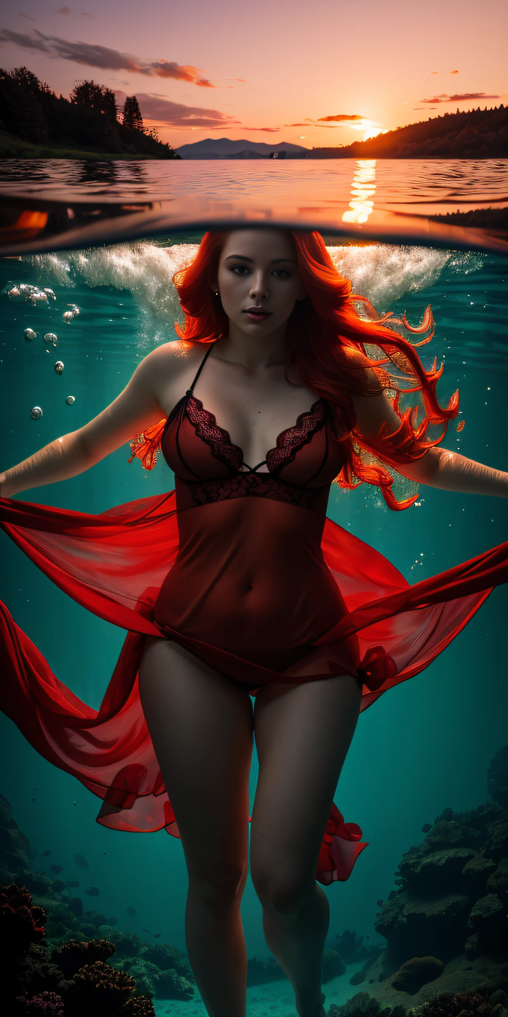 portrait of a 26-year-old red-haired woman, underwater, in a lake, slim figure, in lace nightie, seduction, sunset, cinematic rendering, 32K, RAW