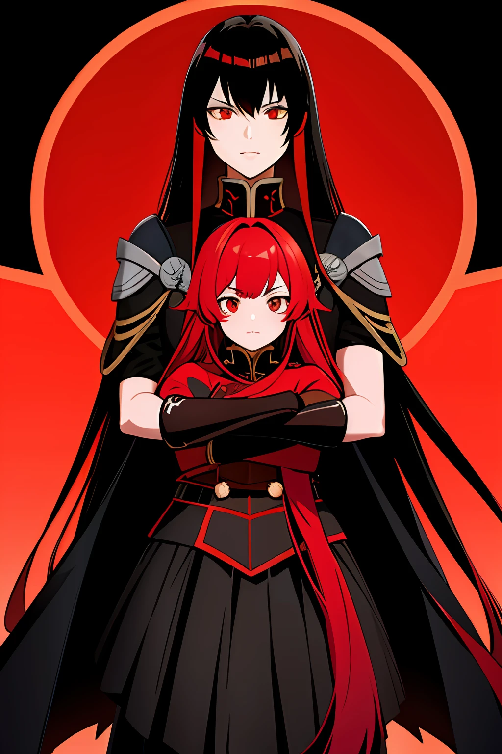 Girls, arms crossed over his chest, Heavy black and red armor, Coat of arms of bats, Red Moon, From behind, evil look, Long red hair, Eyes of different colors, duo, the anime;