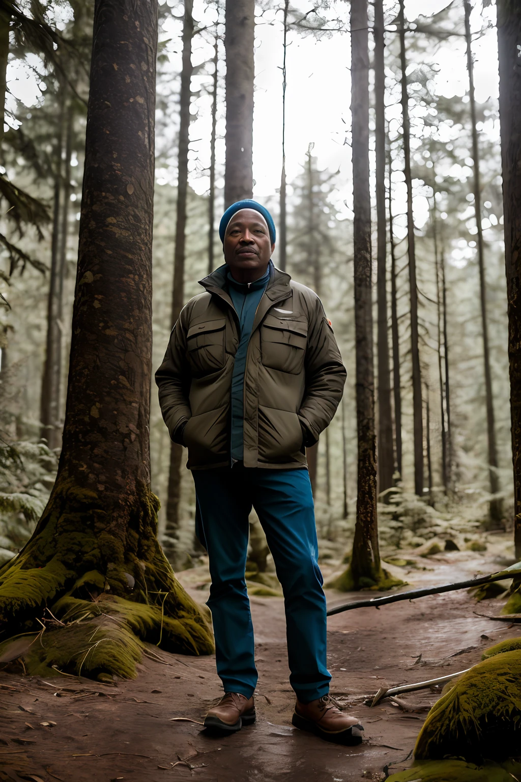 Foto RAW, uma foto retrato de 55 y.o Homem, Roupas de viajante, standing in the forest, pele natural, 8k UHD, alta qualidade, filmic grain, Fujifilm XT3