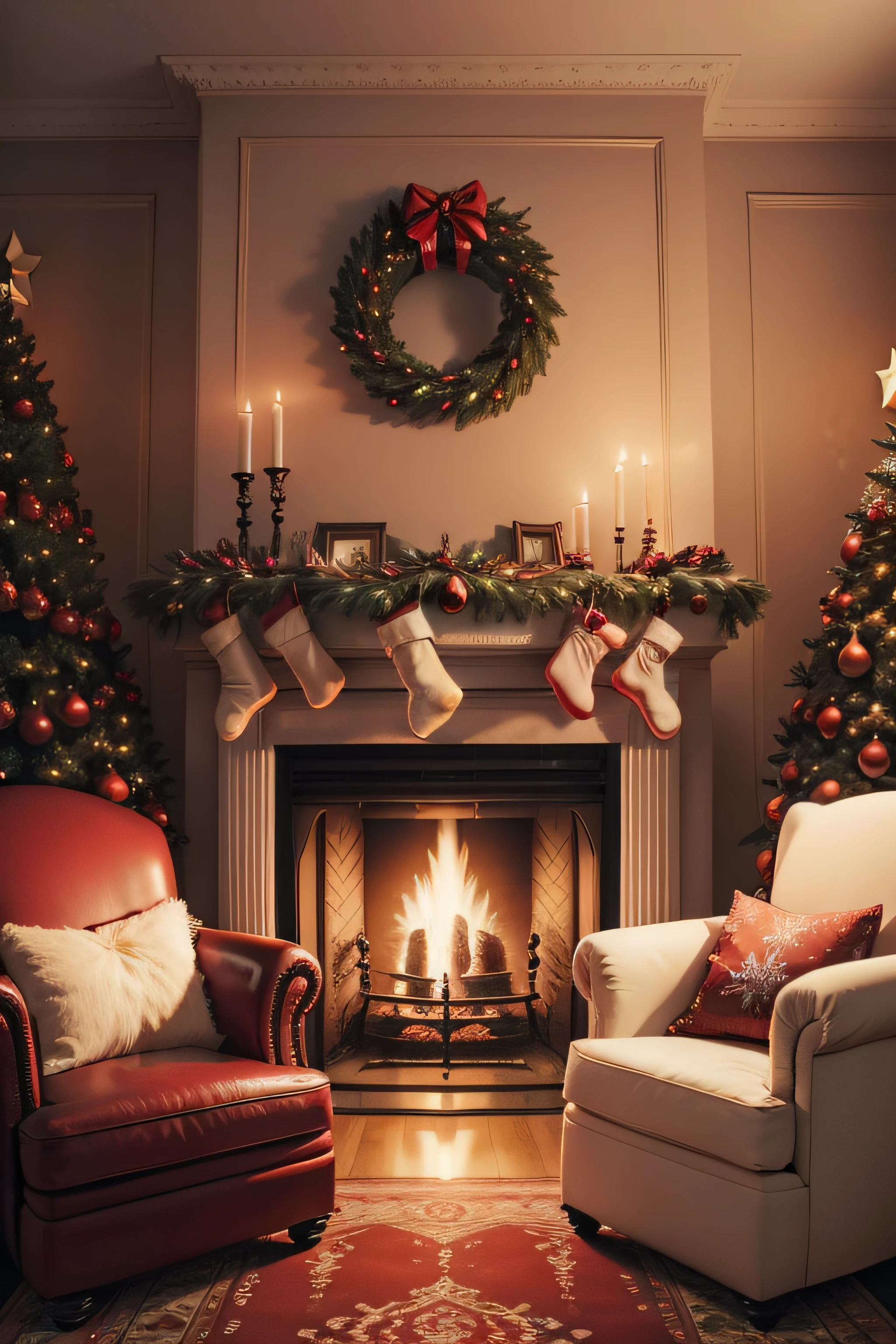 A detailed Christmas scenario, With a Christmas tree on the left, with a red armchair on the right and a fireplace in the center