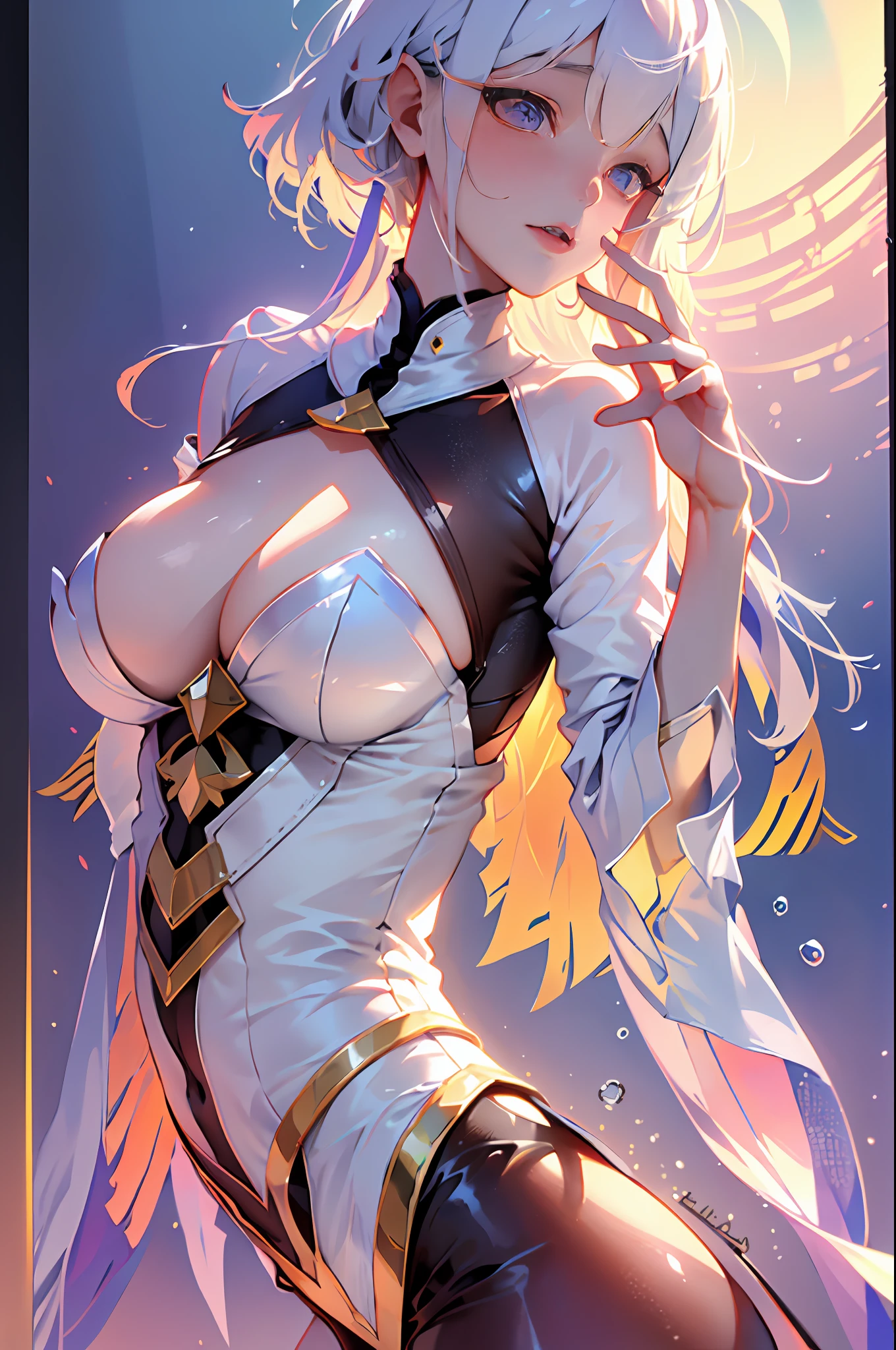 8K resolution, refined features, perfect face, glowing skin, high detail, latex_bodysuit, creamy white mucus body, enveloping the whole body, transparent liquid texture, sexy,busty,upright_straddle, sunrise, water, side view