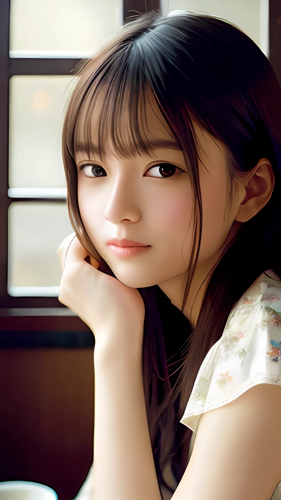 Stunning close-up portrait of a young and beautiful woman with RAW, analog style and impressive features. She should have long, flowing hair, a seductive gaze, and an attractive look. The background is neutral and simple, allowing the woman to be the focal point of the image. Pay attention to details, such as highlights and shadows on her face and hair, to create realistic and realistic images. Experiment with different lighting techniques to enhance the mood and atmosphere of your portrait. The final product should be a masterpiece that captures the essence and beauty of women ((Highly detailed skin, skin details)), Sharp Focus, Volumetric Fog, 8K, UHD, DSLR, High Quality, Film Grain, Fujifilm XT3, Camisole Dress, Hemp Dress, Floral Dress, Short-Term Hair, Disheveled Hair, Antique Cafe Chair, Little smile, rain outside the window, crowd, night, evening, warm light, dark light, blurred light, heavy rain
