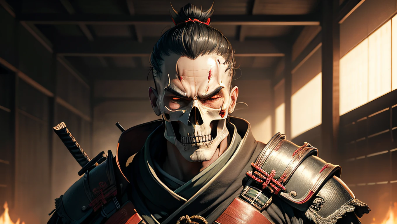 A samurai with a human skull head in a post-war setting