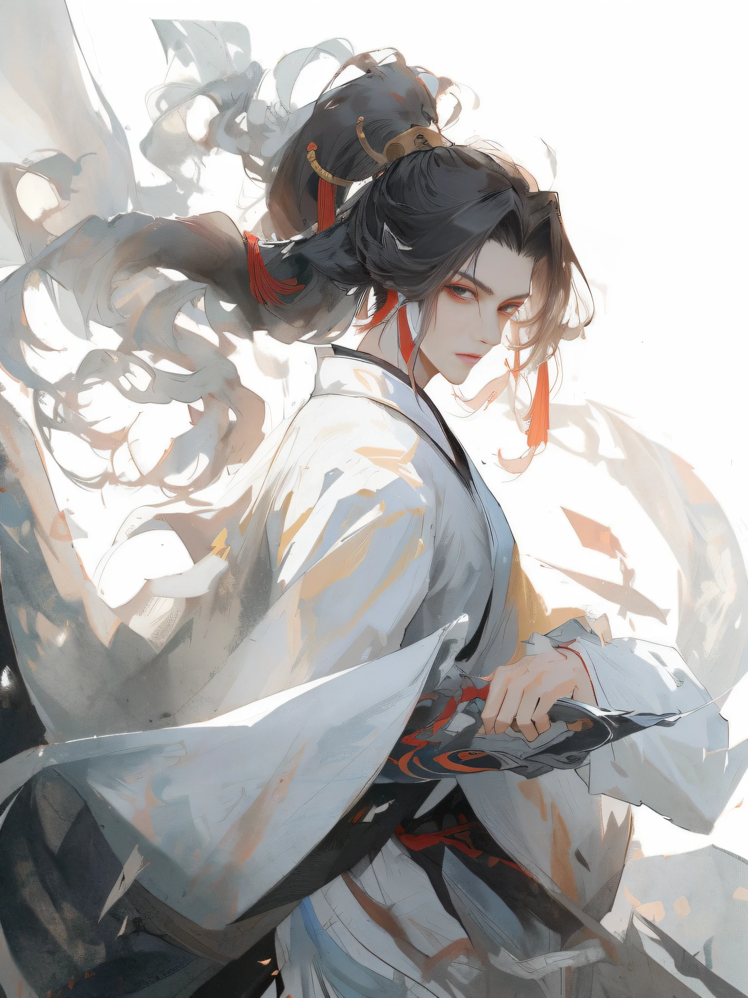 Anime character with long hair and white robe sword, handsome guy in demon killer art, flowing hair and long robes, Inspired by Seki Dosheng, by Yang J, Guviz-style artwork, inspired by Wu Daozi, Flowing white robe, Beautiful character painting, Inspired by Zhao Yuan, author:Zhou Fang, full-body wuxia