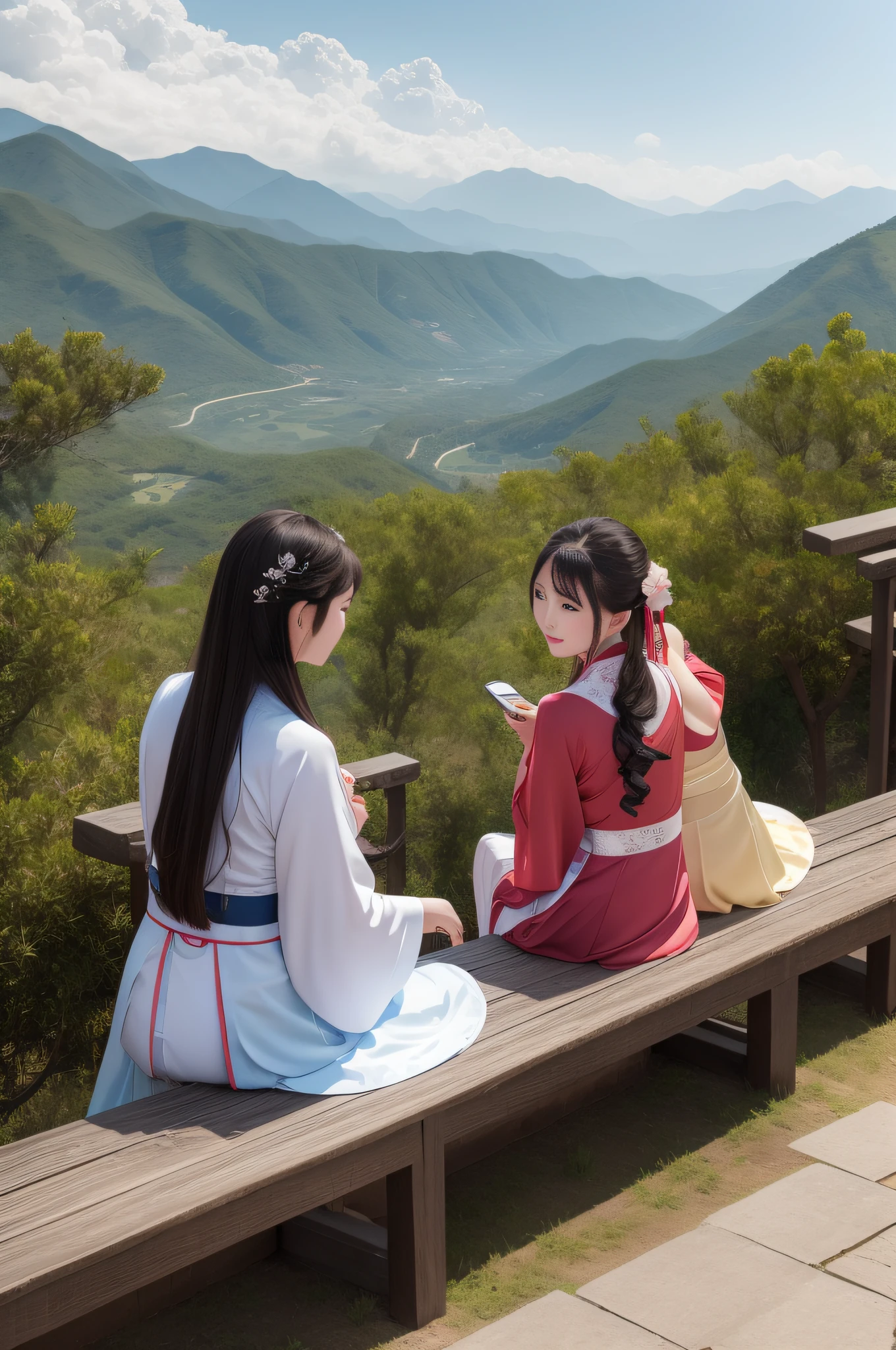 Changting Hanfu women sit and watch the time and watch the mountains with thick clouds.