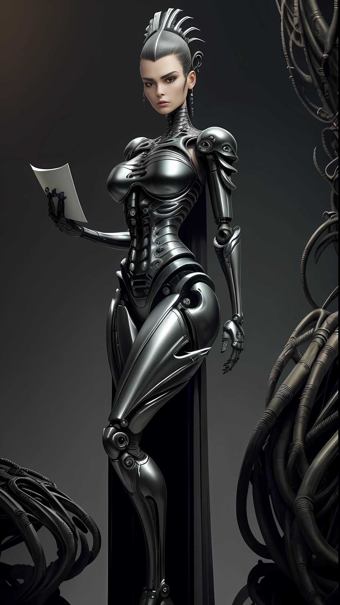Intricate 3d rendering of highly detailed beautiful ceramic silhouette female robot face, cyborg, robot parts, Wearing Tight Slim Super Long Deep Black Shiny Metallic Slit Latex Gown, 150 mm, beautiful studio soft light, rim light, vibrant details, luxury cyberpunk, lace, surreal, anatomy , Facial Muscles, Cable Wires, Microchips, Elegance, Beautiful Background, Octane Rendering, HR Giger Style, 8k, Best Quality, Masterpiece, Illustration, Very Delicate and Beautiful, Very Detailed, CG, Uniform, Wallpaper, ( fidelity, fidelity: 1.37), stunning, fine detail, masterpiece, best quality, official art, very detailed cg unity 8k wallpaper, absurd, unbelievably absurd, robot, silver helmet, full body, sit and write