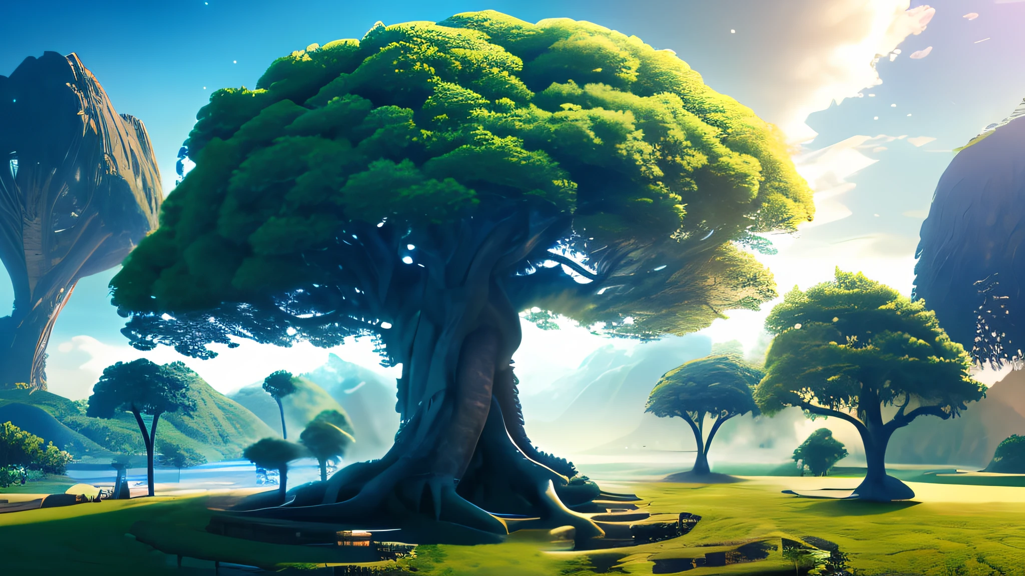 Masterpiece, best quality, high quality, highly detailed CG unity 8k wallpaper, surreal giant cyan rain tree in a futuristic prehistoric village, splashing water, sandy debris, lens flare, sun axis, fluffy clouds, ultra detailed, HDR, bloom, photorealistic, ultra detailed