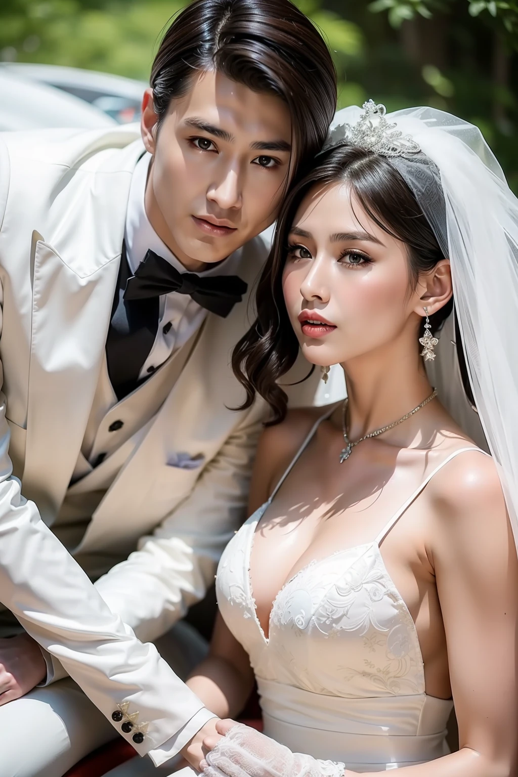 Fashion model 20 years old [[[[closeup cleavage]]]], [[[[boobgasm]]]], [[[[coll]]]], [[[[bshoulders]]]], perfect  eyes, Perfect iris，Perfect lips，perfect teeth，Perfect skin，Soft front light，hdr，A couple，wedding gown，Masculine man in suit，Gentle lady in wedding dress，Lady is slender face，slender nose；（pastel colour：1.2）