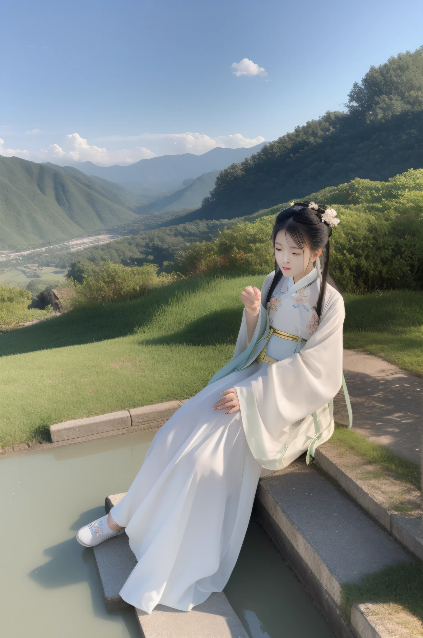 Changting Hanfu woman sat and watched the flowing years, and looked at the mountains and shallow clouds