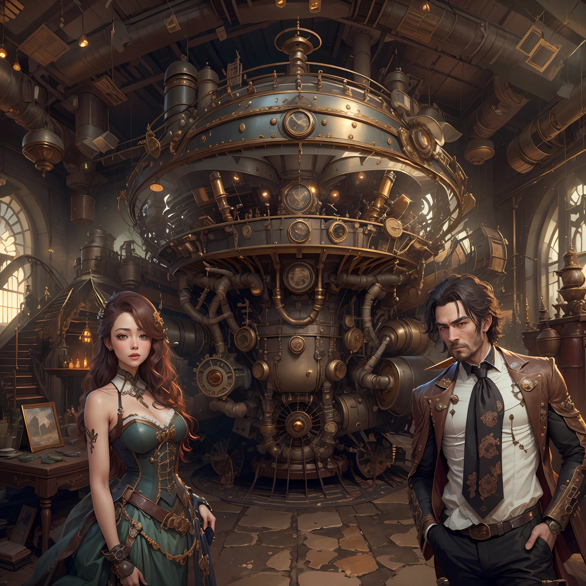 best qualtiy,tmasterpiece,超高分辨率,(realisticlying:1.4),absurderes,(1 couple standing in the manor,(Eye focus),sface focus, Clear facial features),(koh_amberheard:0.8),1 best long shot photo of Mechanical Airship Manor,Fantasy sci-fi vehicles,hyper realisitc,steampunc,Complex design,insanely details,finely detailled,Steampunk AI,