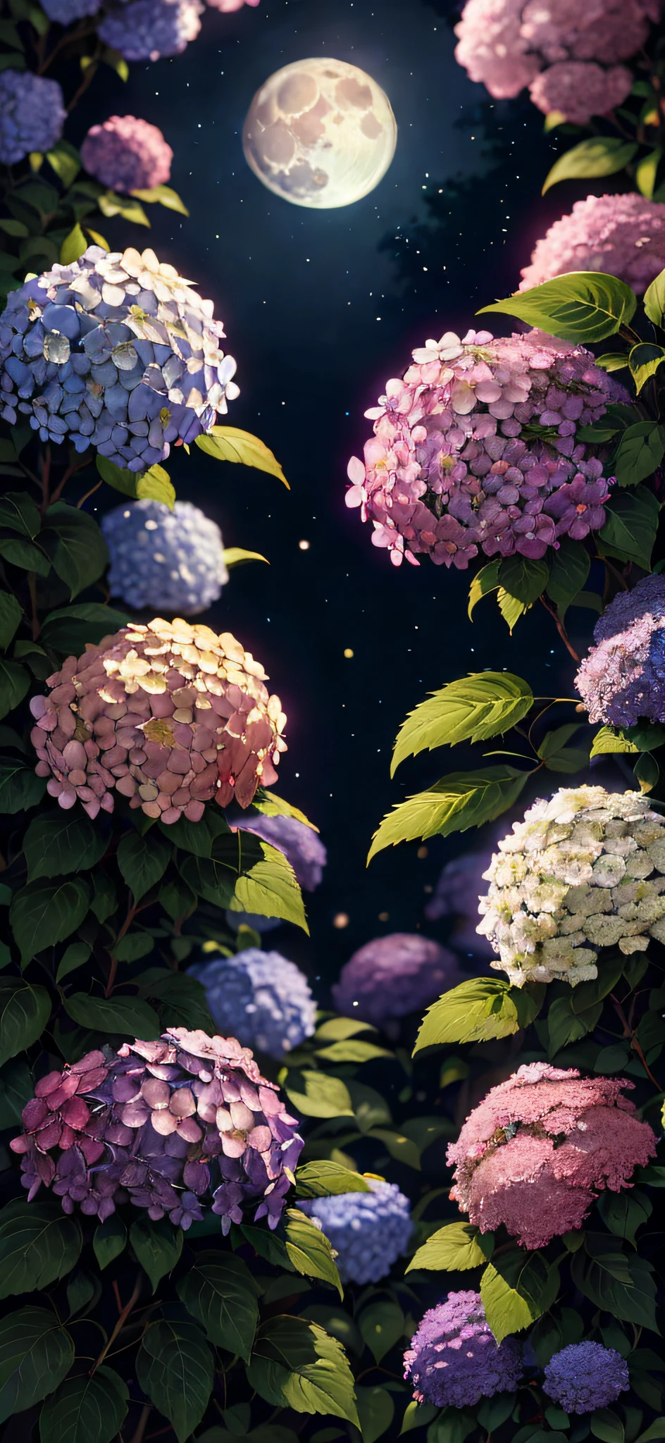 paint (strokes)+, atmosphere, intricate, aspect ratio 1:1, raytracing, Bokeh, smooth, (colorful), (detailed complex busy background: 0.8), hydrangea, (night:1.4), intricate details, beautiful, flat illustration, scenery, detail love, (ultra-detailed), photon mapping, ((intricate details)), flowers, (pink full moon)